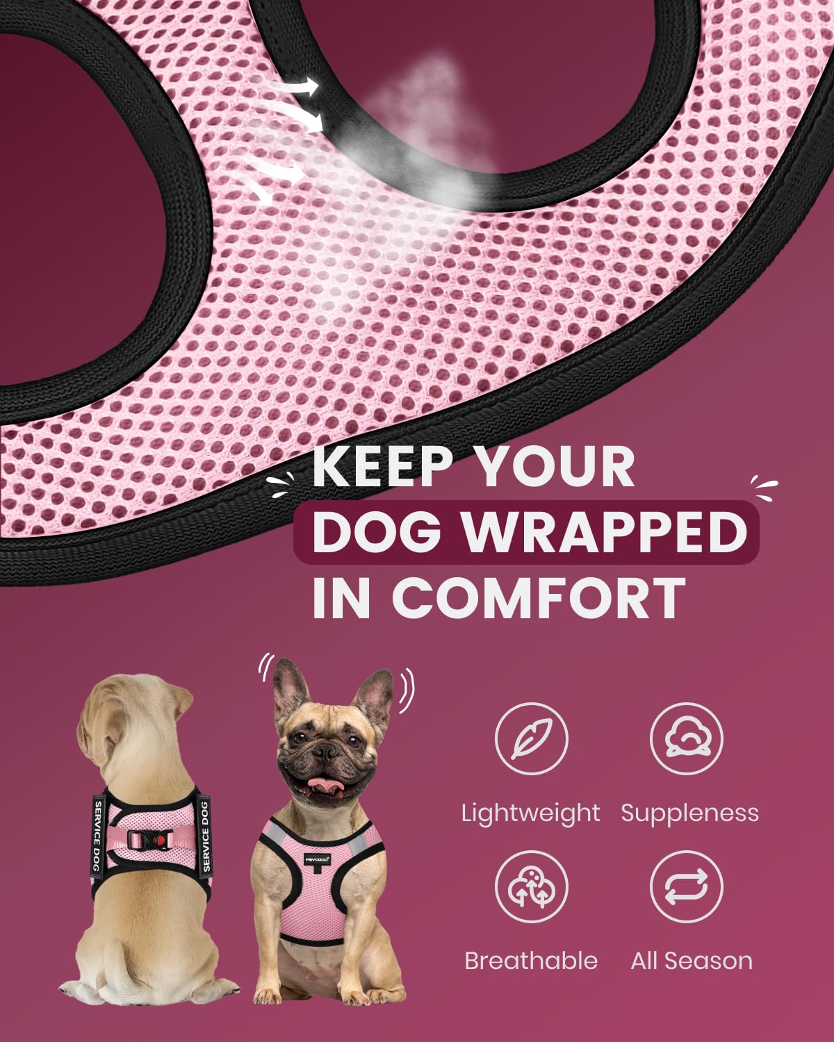 FAYOGOO lightweight breathable mesh harness shown for all-season wear.