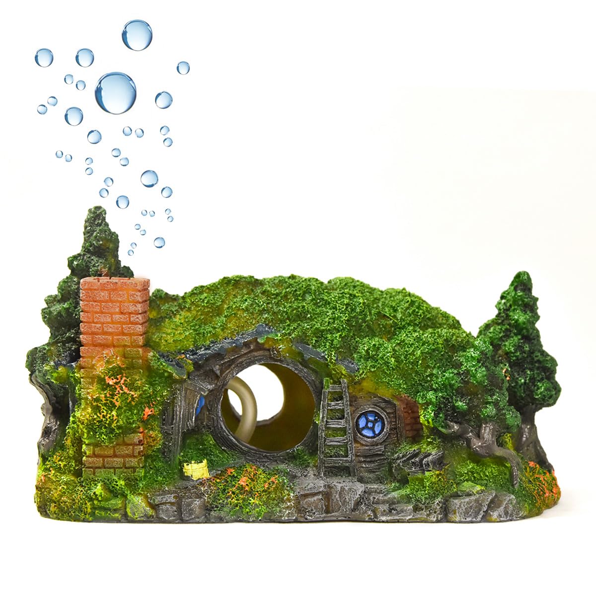 Fazhongfa aquarium castle hobbit-small front view enhances tiny tank ambiance.