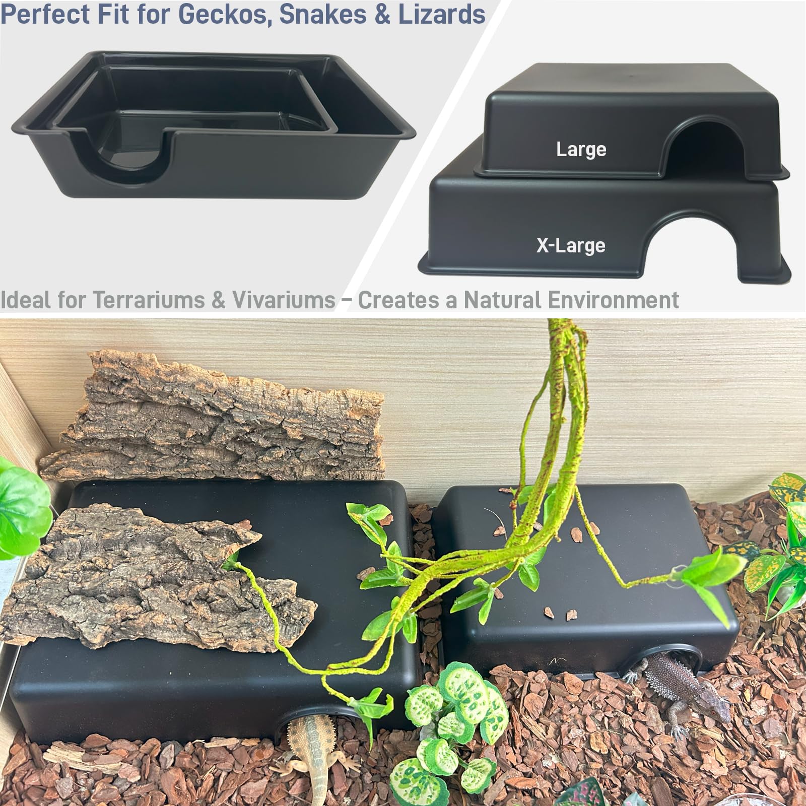 FCALIVV 12in large reptile hide smooth-edges closeup highlights easy cleaning and hygienic habitat.