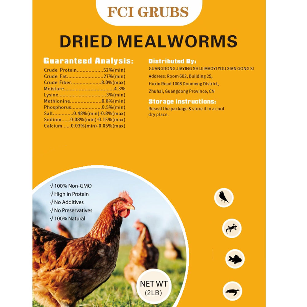 FCI GRUBS dried mealworms packaging close-up highlighting premium, non-GMO protein for chickens.