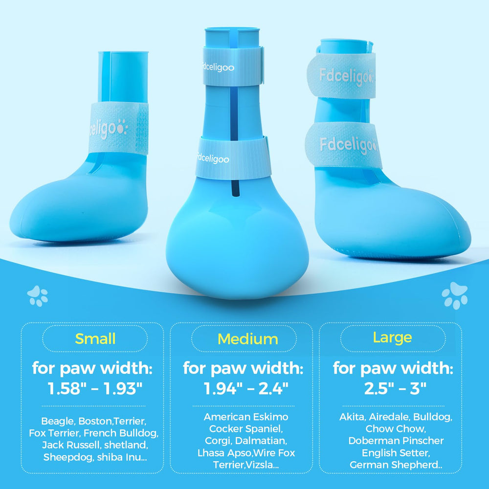 Fdceligoo rubber dog boots blue non-slip soles provide traction on slick surfaces.