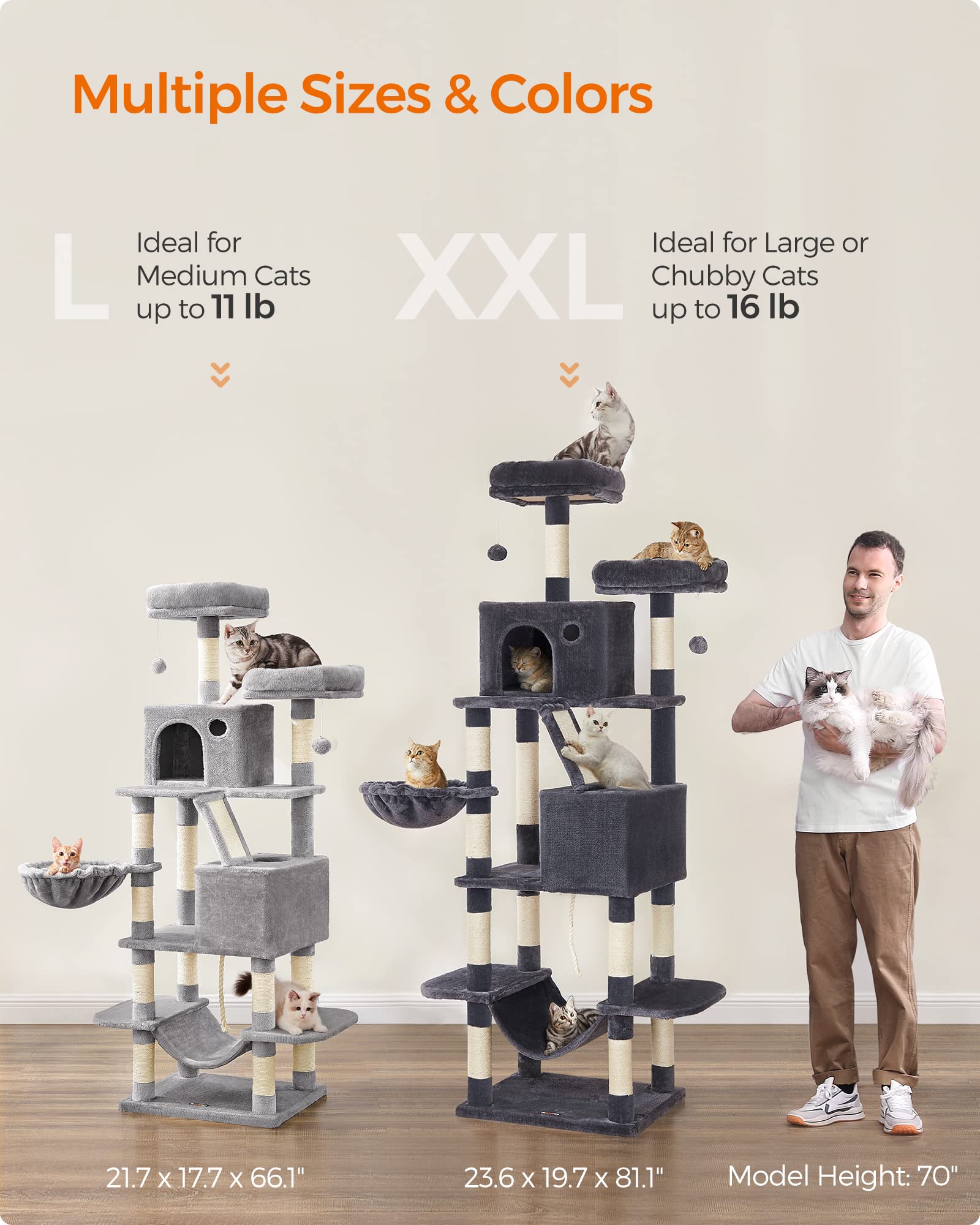Feandrea cat tree assembly shows labeled parts and simple steps.