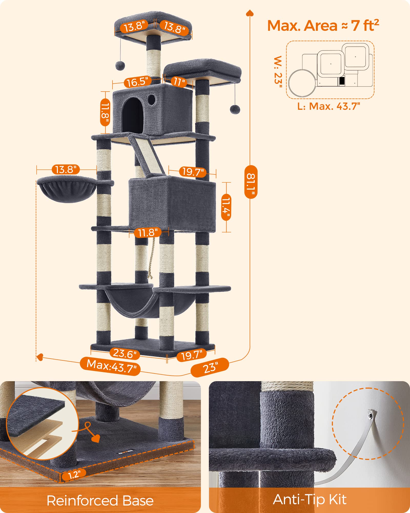 Feandrea cat tree base anti-tip secures stability during rambunctious activity.