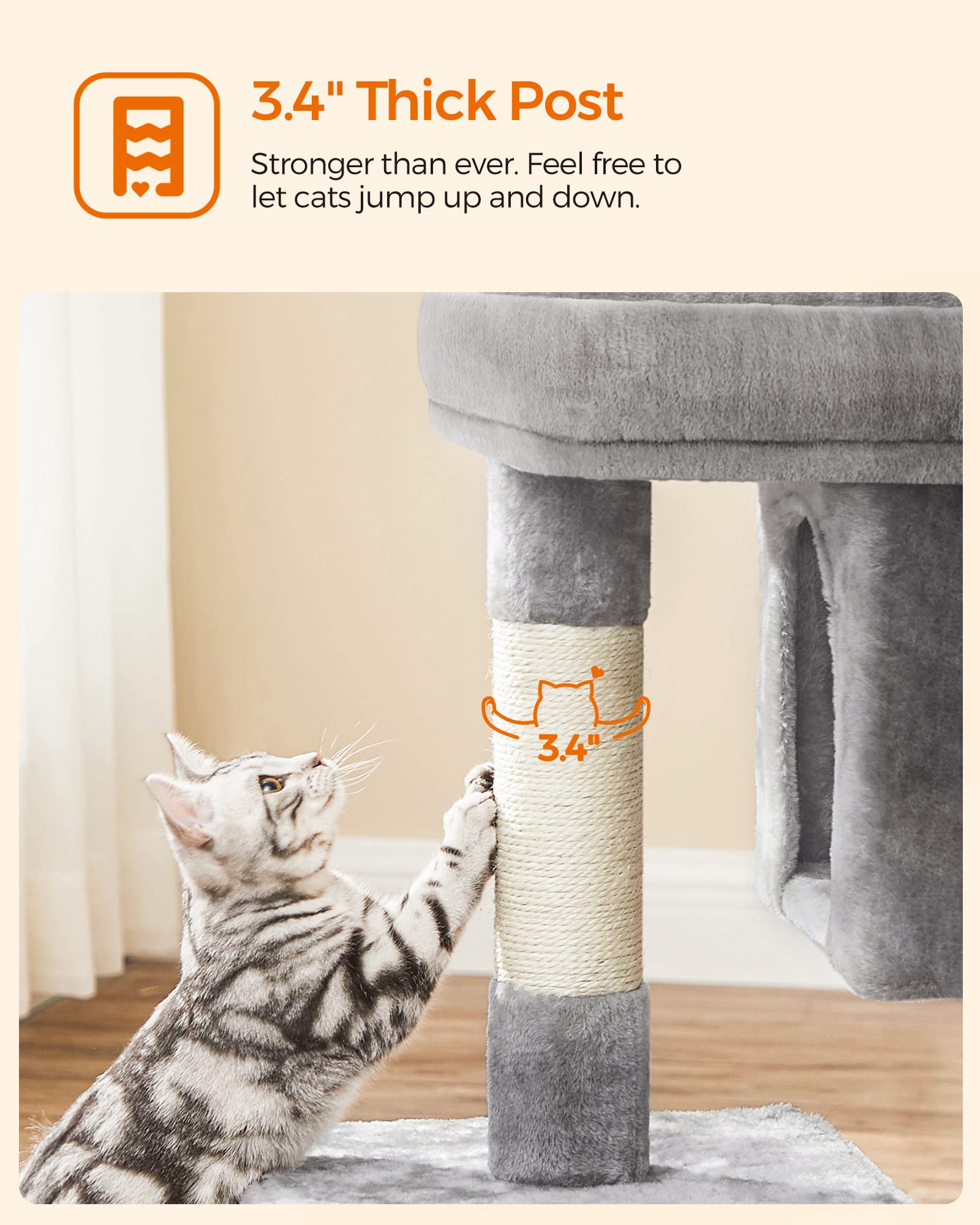 Feandrea Cat Tree sturdy base prevents tipping during energetic climbs