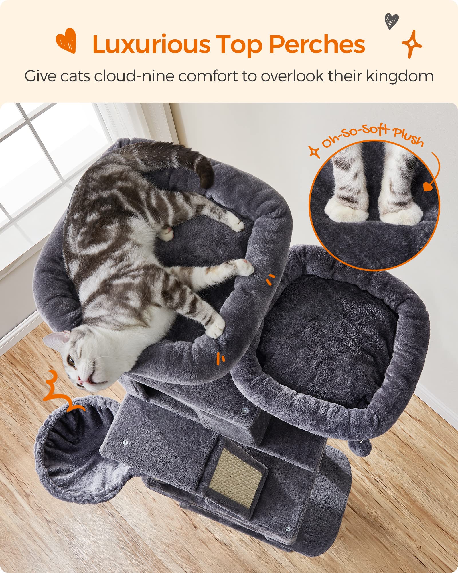 Feandrea cat tree caves give private hideaways for quiet time.