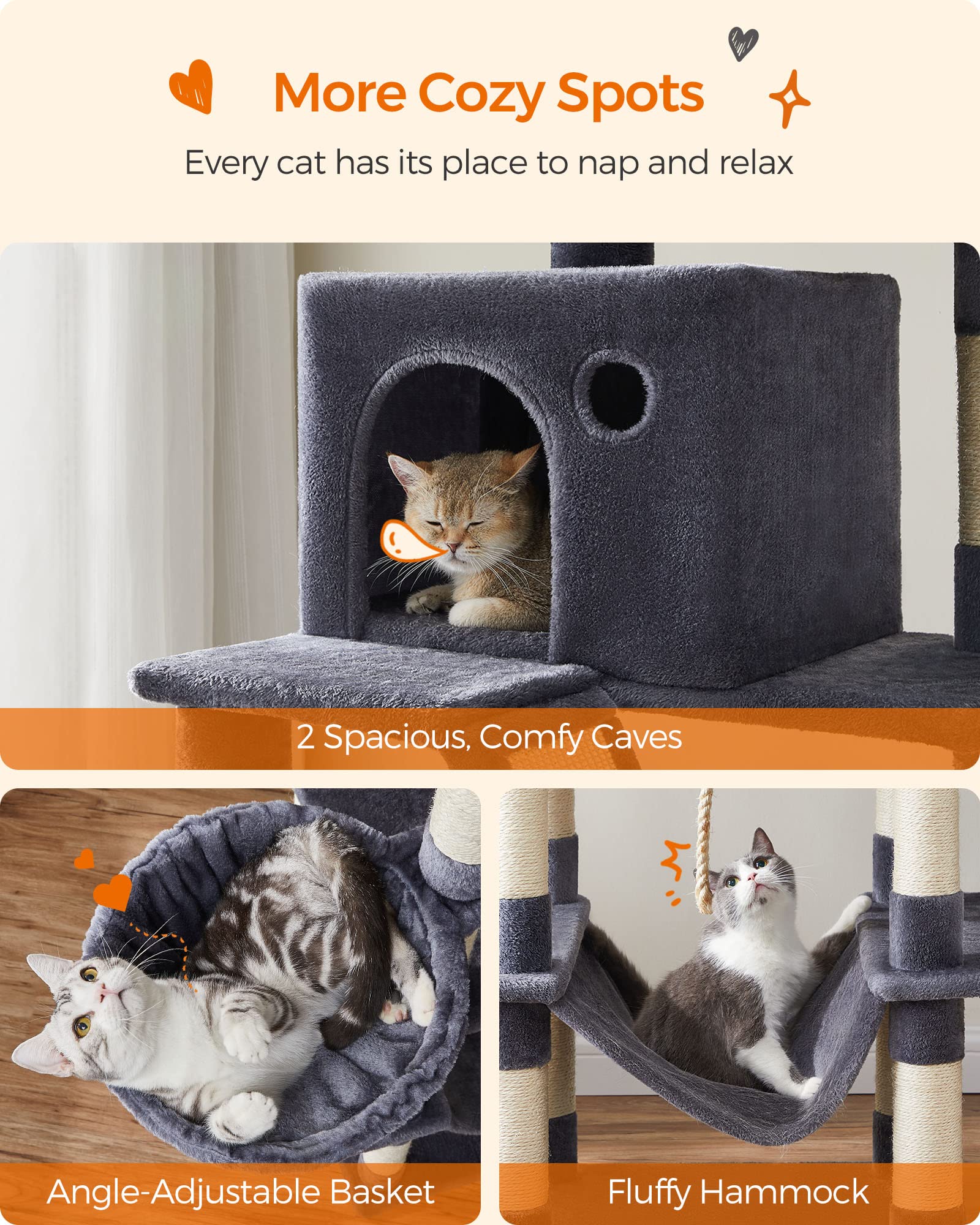 Feandrea cat tree hammock creates a cozy lounging area after play.