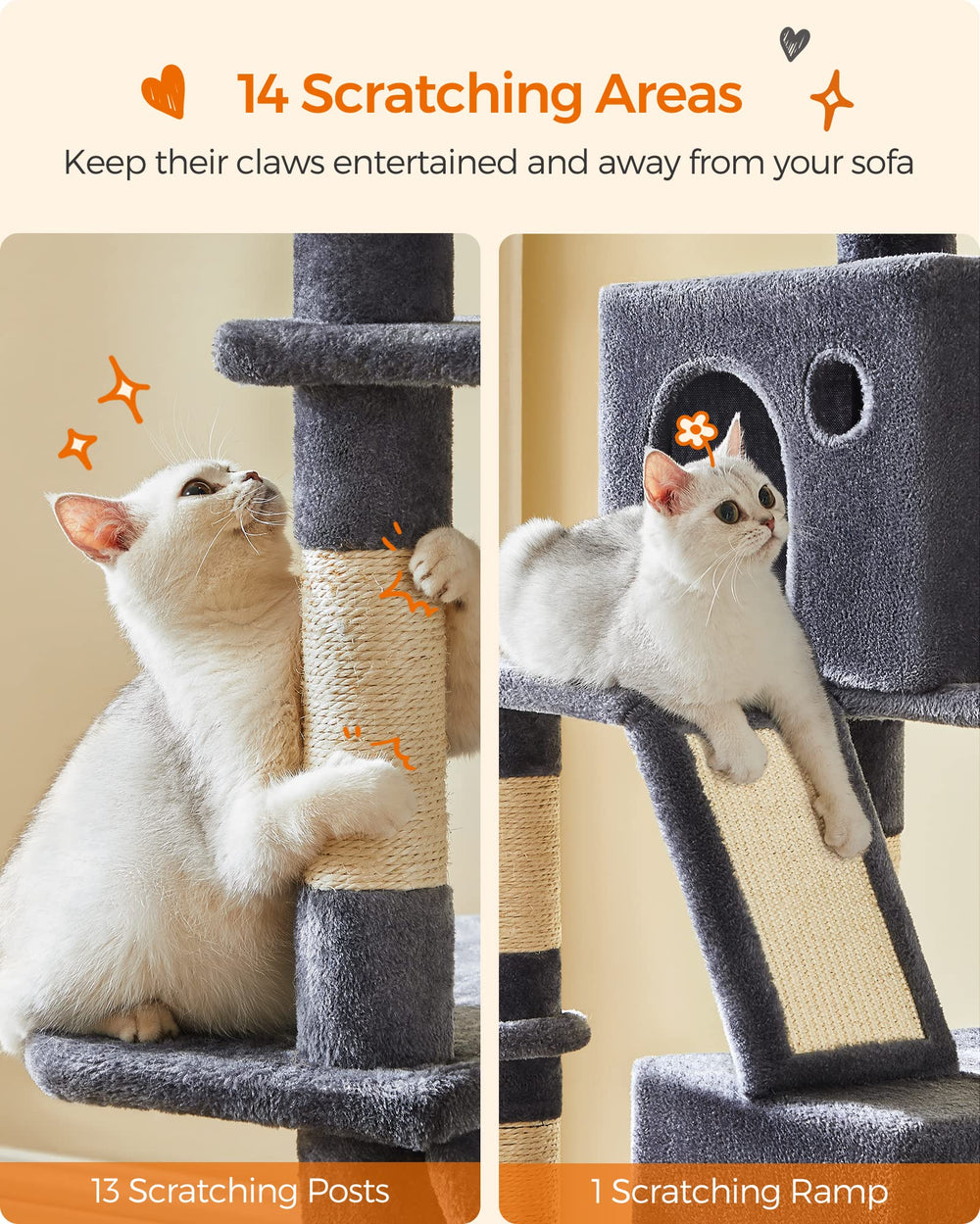 Feandrea cat tree scratching posts satisfy claws while protecting furniture.
