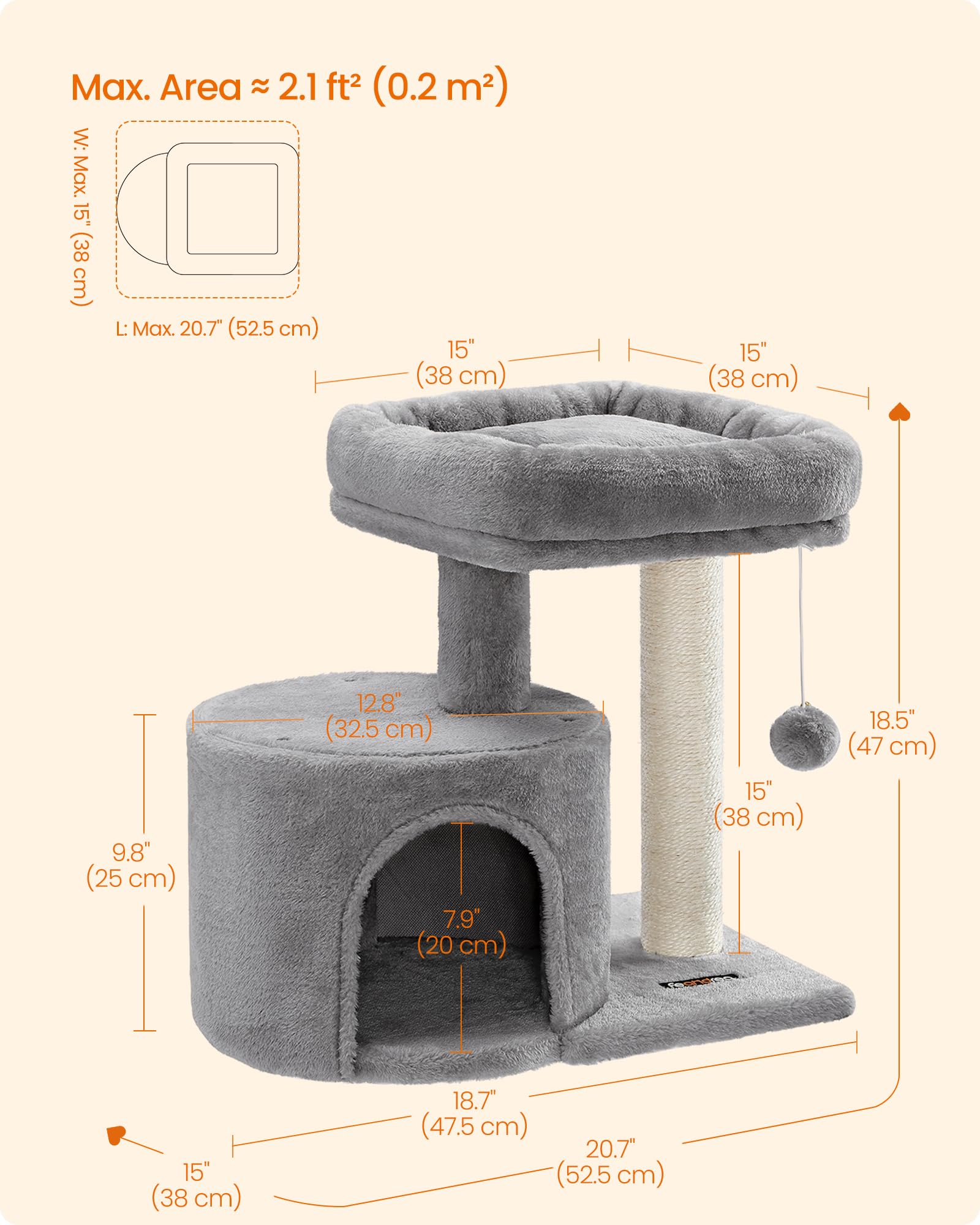 Feandrea Cat Tree for small spaces demonstrates compact footprint fits cozy rooms.