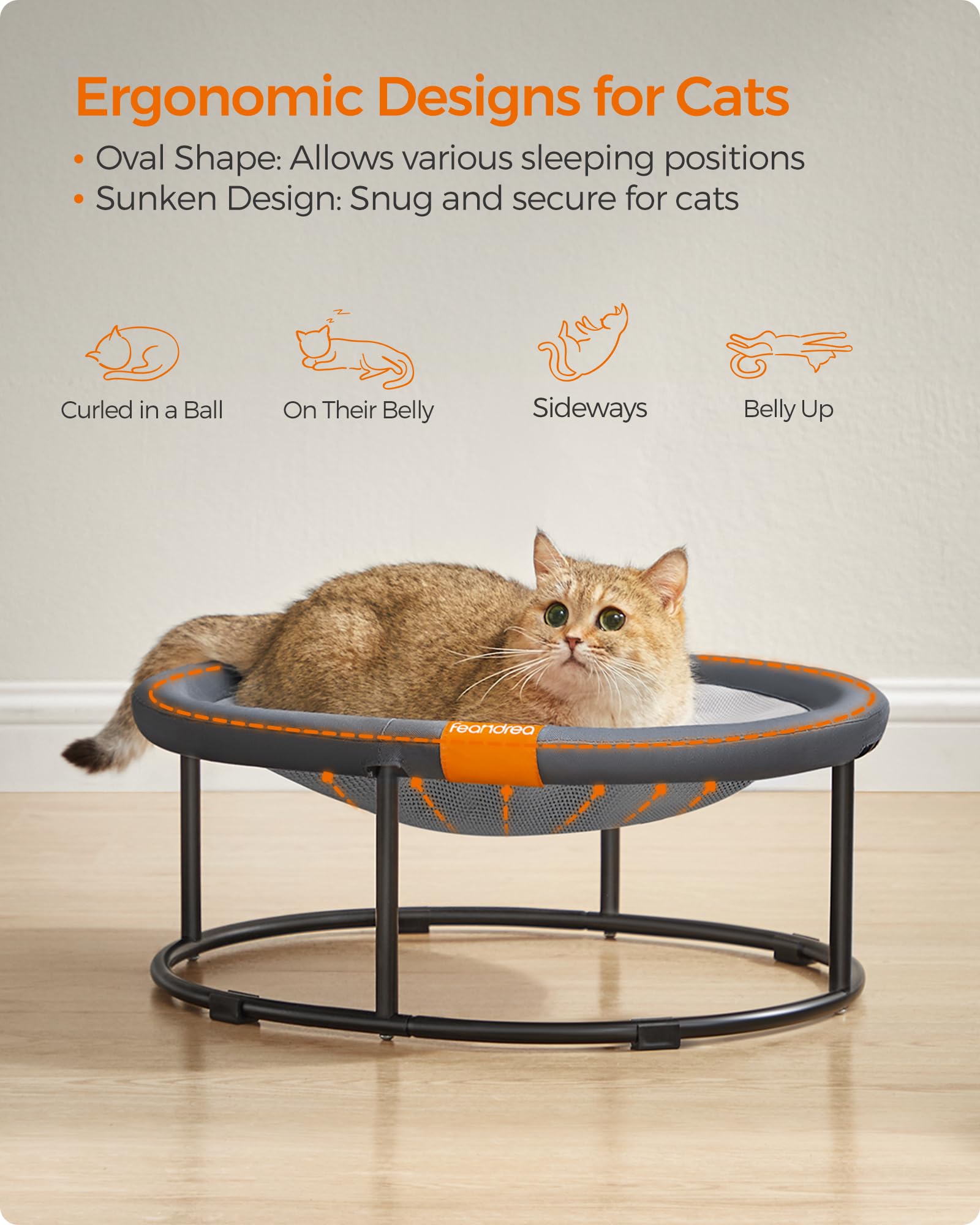 Feandrea elevated cat bed with steel frame provides stable lounging.