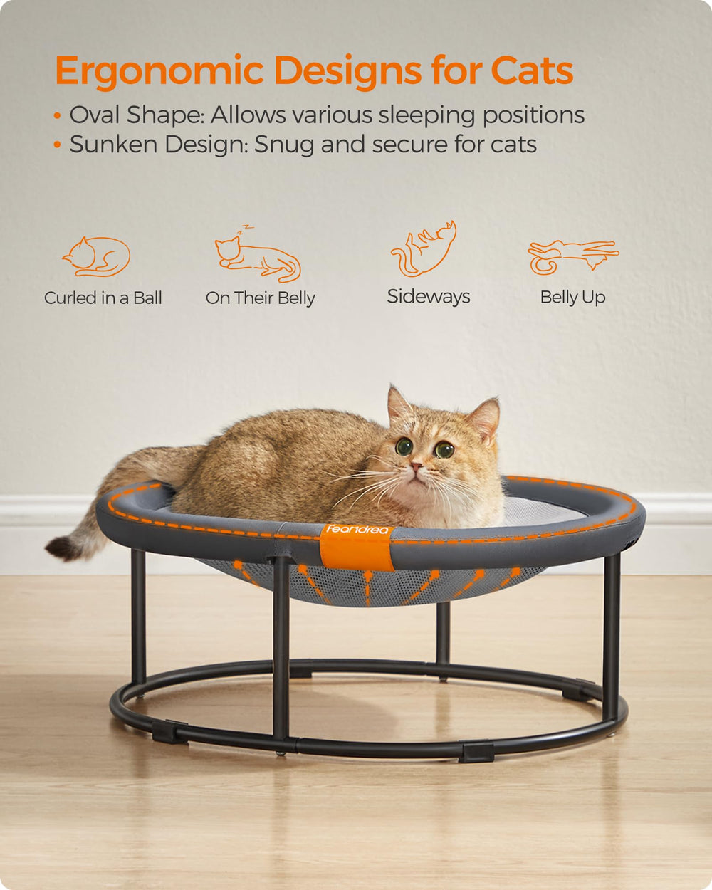 Feandrea elevated cat bed with steel frame provides stable lounging.