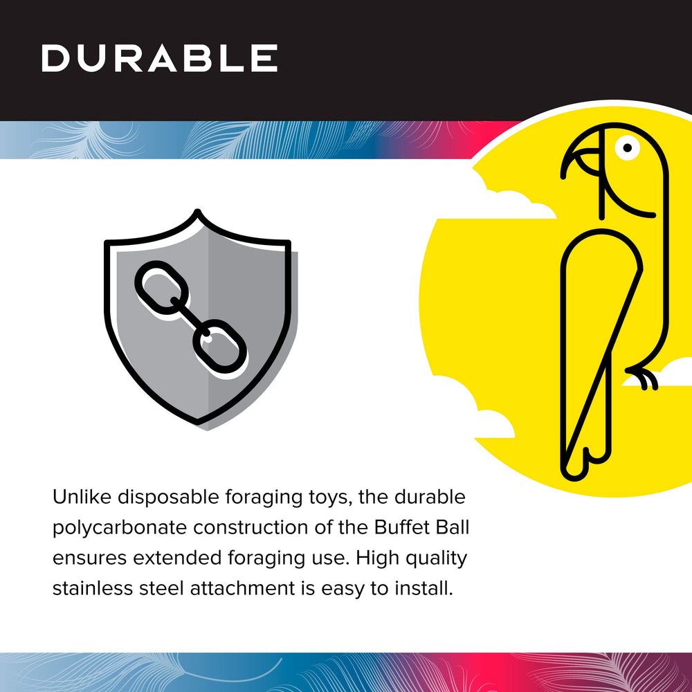 Featherland Paradise Buffet Ball showcases durable polycarbonate construction for long-lasting foraging.