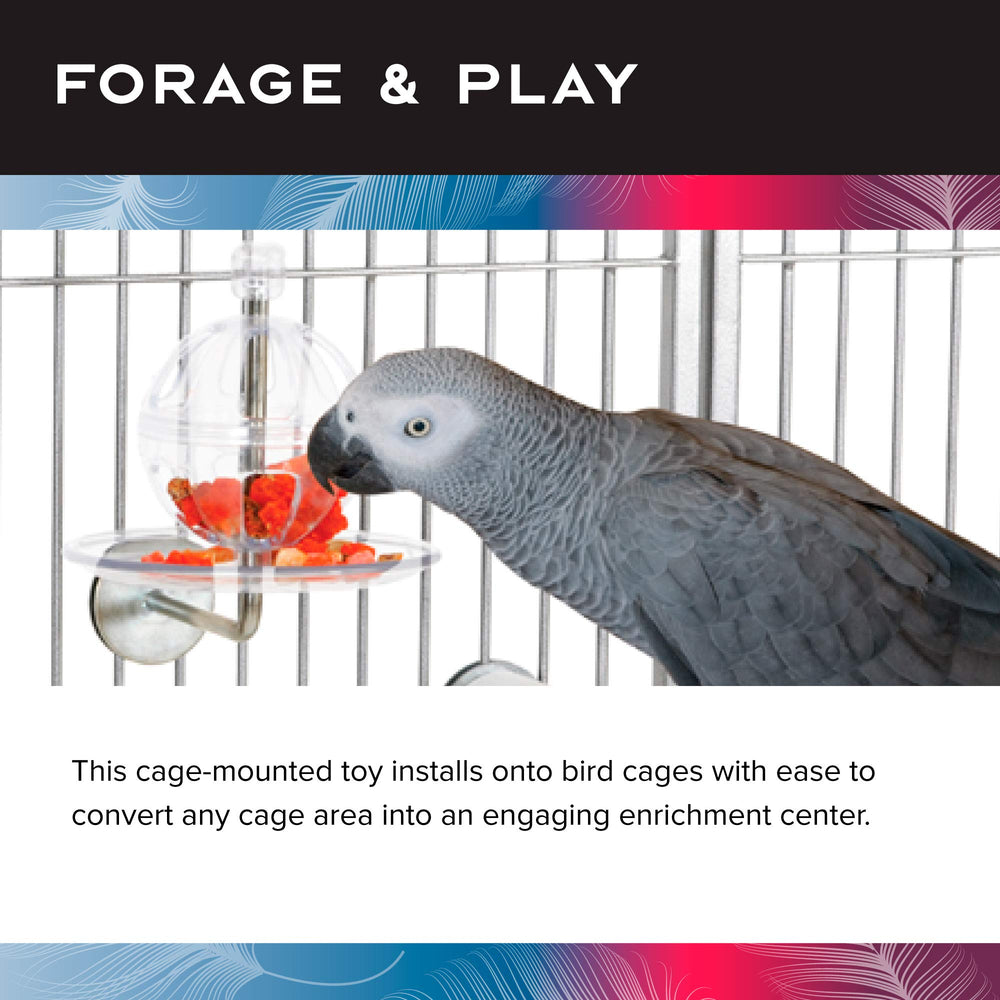 Featherland Paradise Buffet Ball rotation feature promotes mental stimulation during cage-time enrichment.