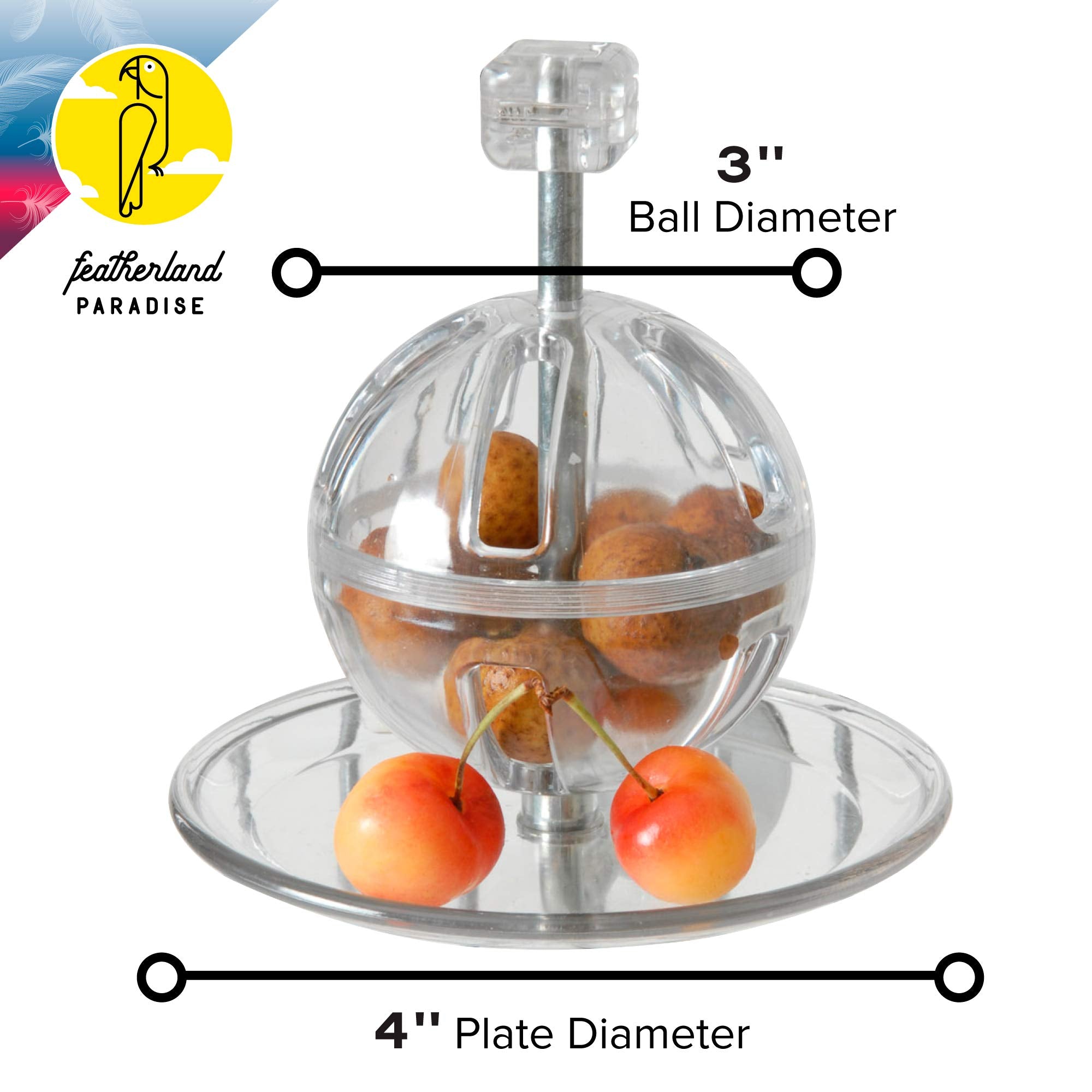 Featherland Paradise Buffet Ball in action showing treat-dispensing capability for interactive play.