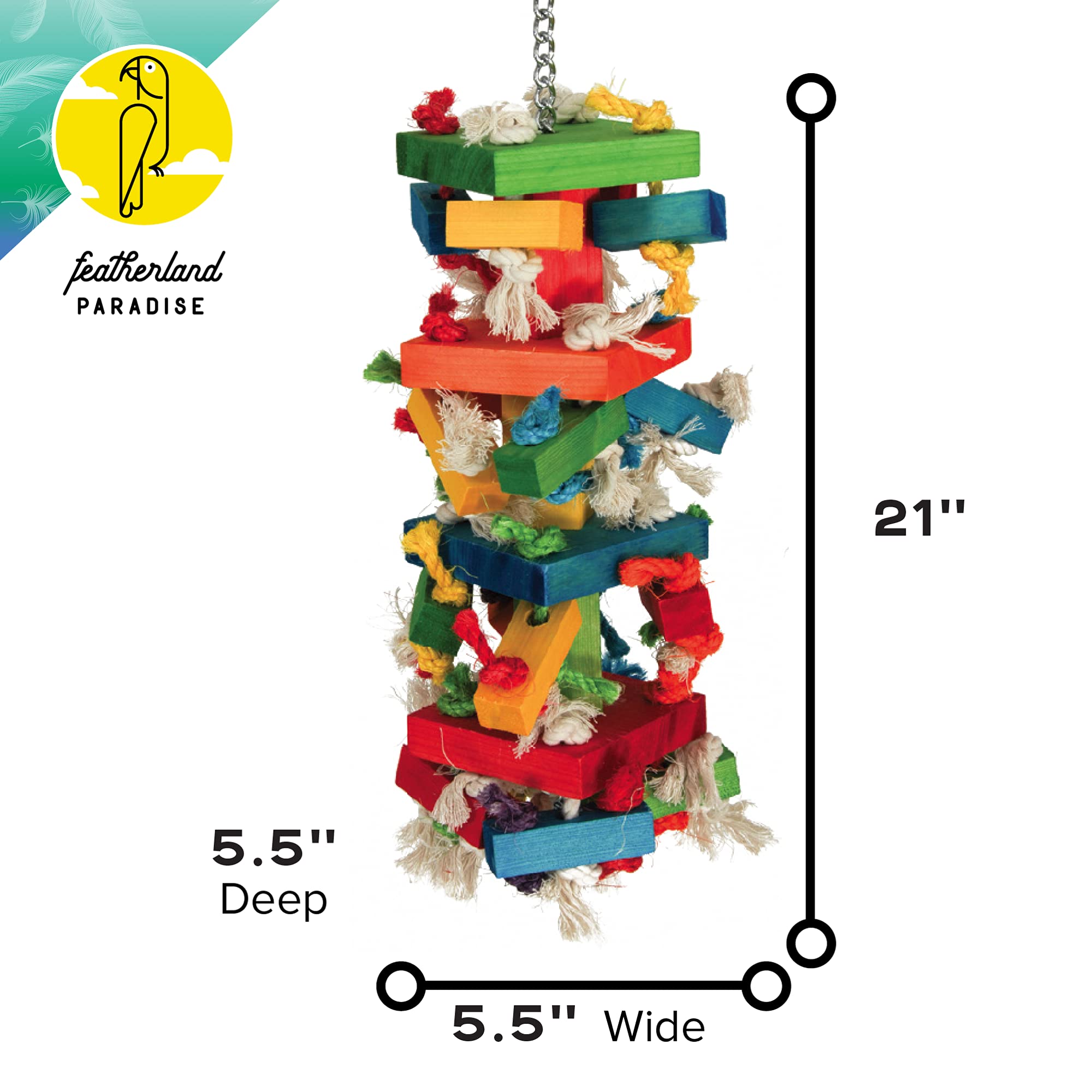 Featherland Paradise Knots N Blocks hanging toy showing swing action for large birds
