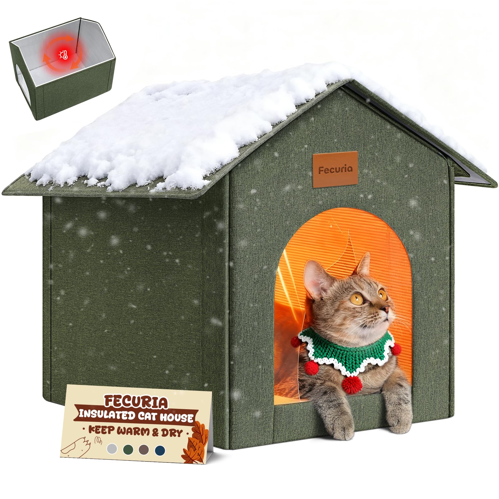 Fecuria insulated outdoor cat house front view showing weatherproof design for warmth