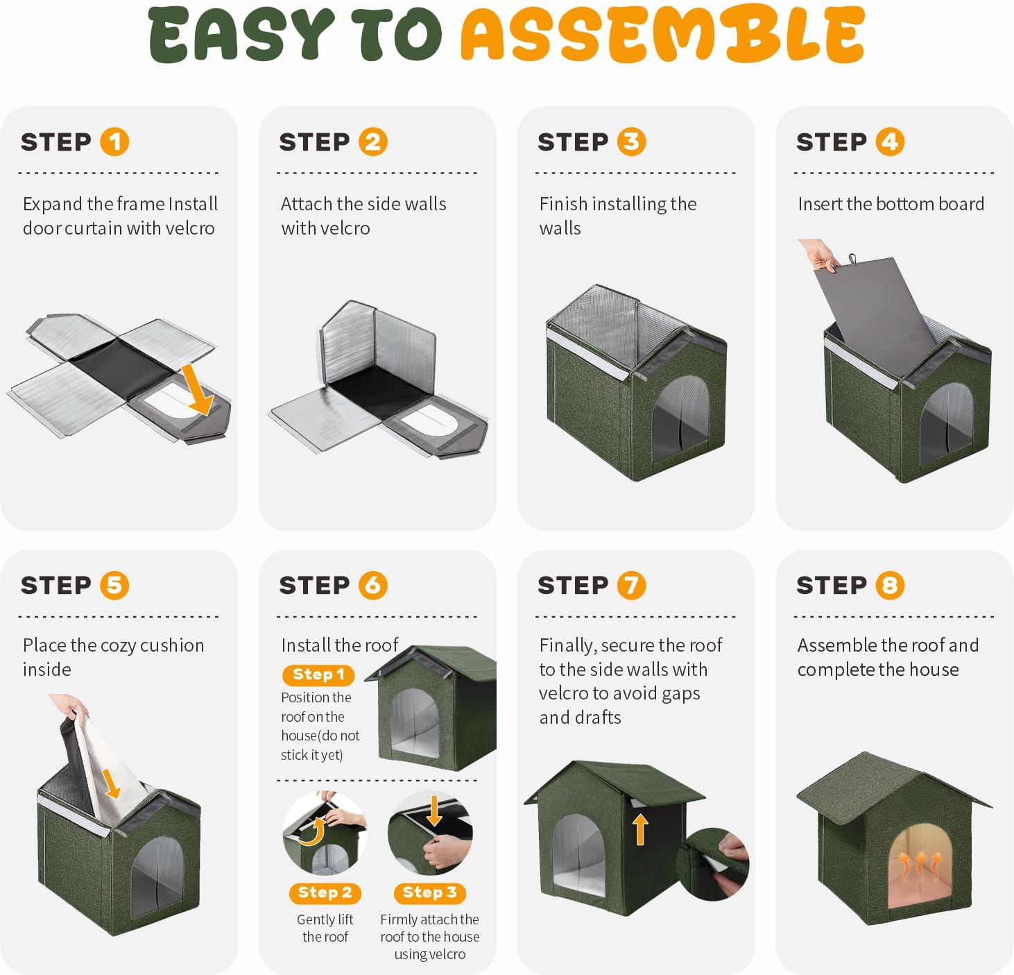 Tool-free Velcro assembly for quick setup of Fecuria cat house