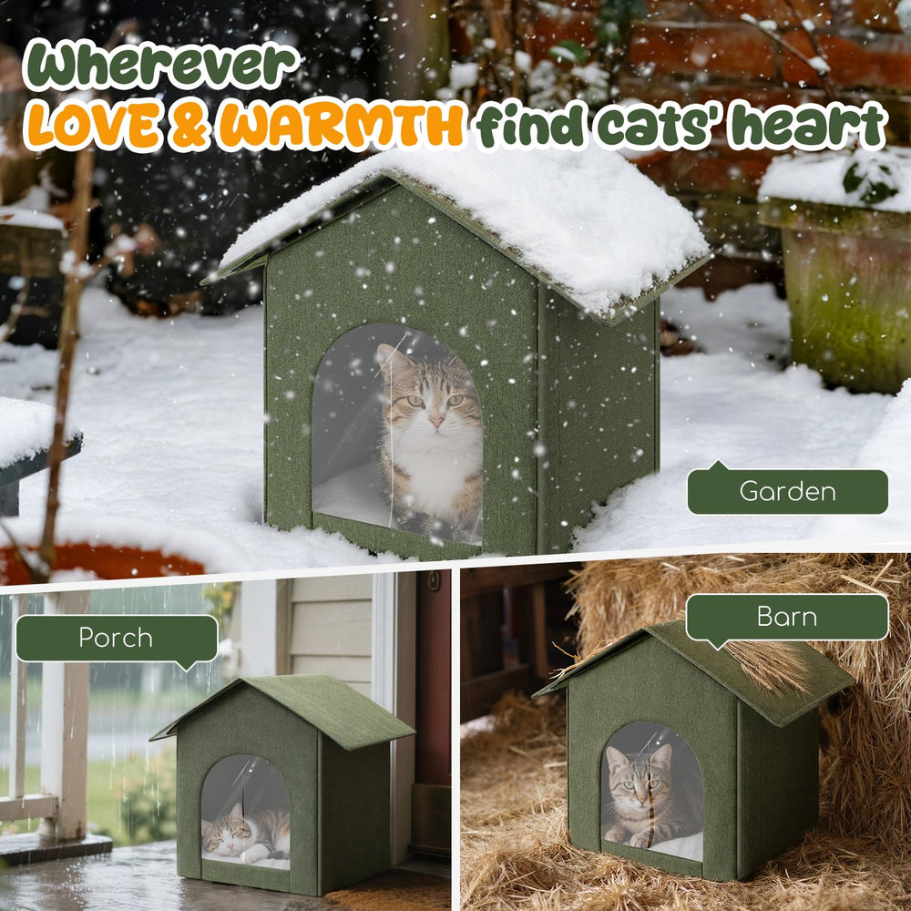 Fecuria outdoor cat house with door curtain closed to reduce drafts.