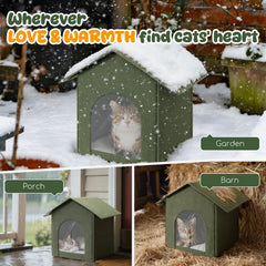 Fecuria outdoor cat house with door curtain closed to reduce drafts.