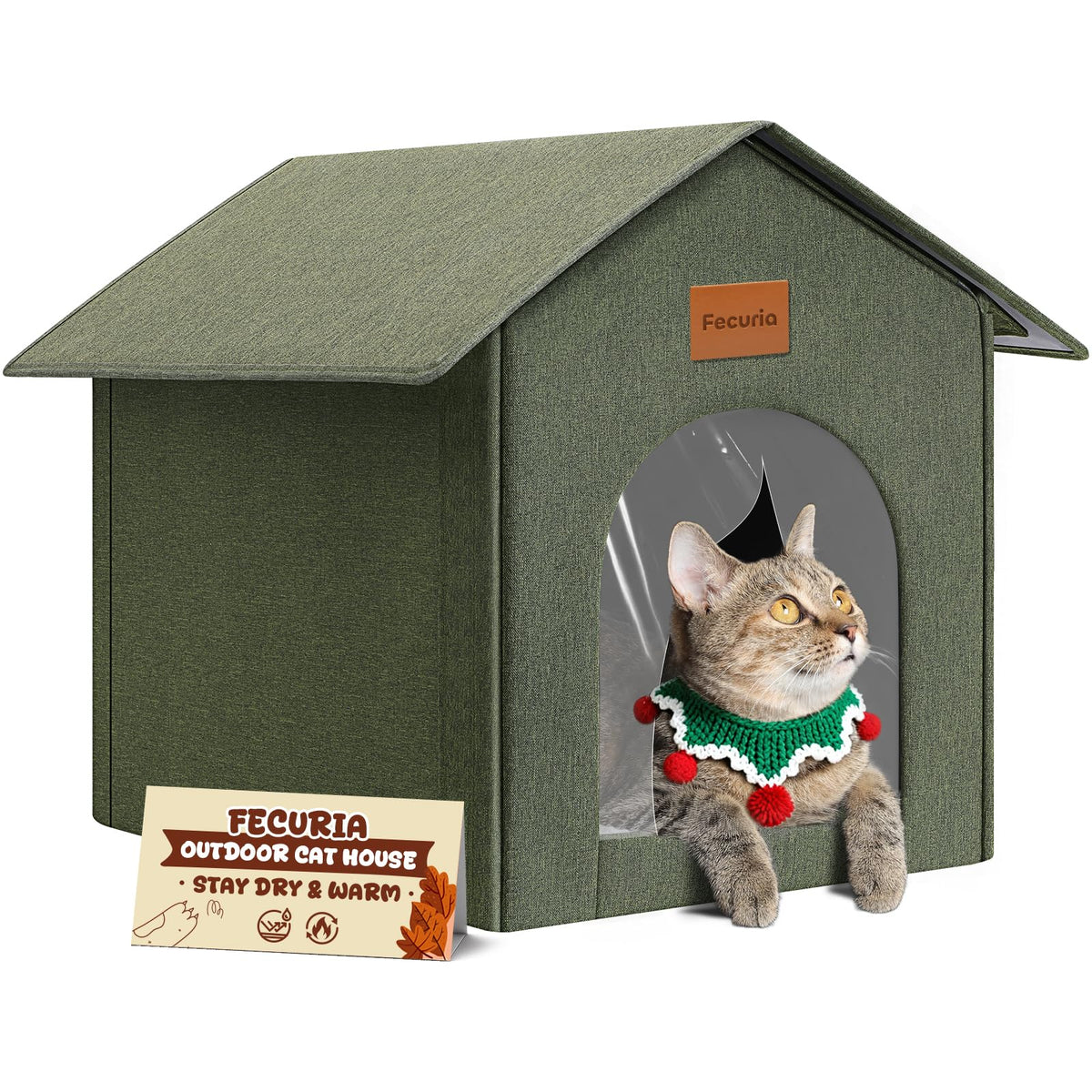 Fecuria outdoor cat house in olive green exterior provides durable shelter.