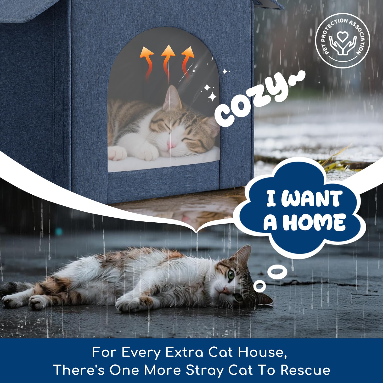 Fecuria under-eaves placement demonstrates feral cat shelter in outdoor areas.