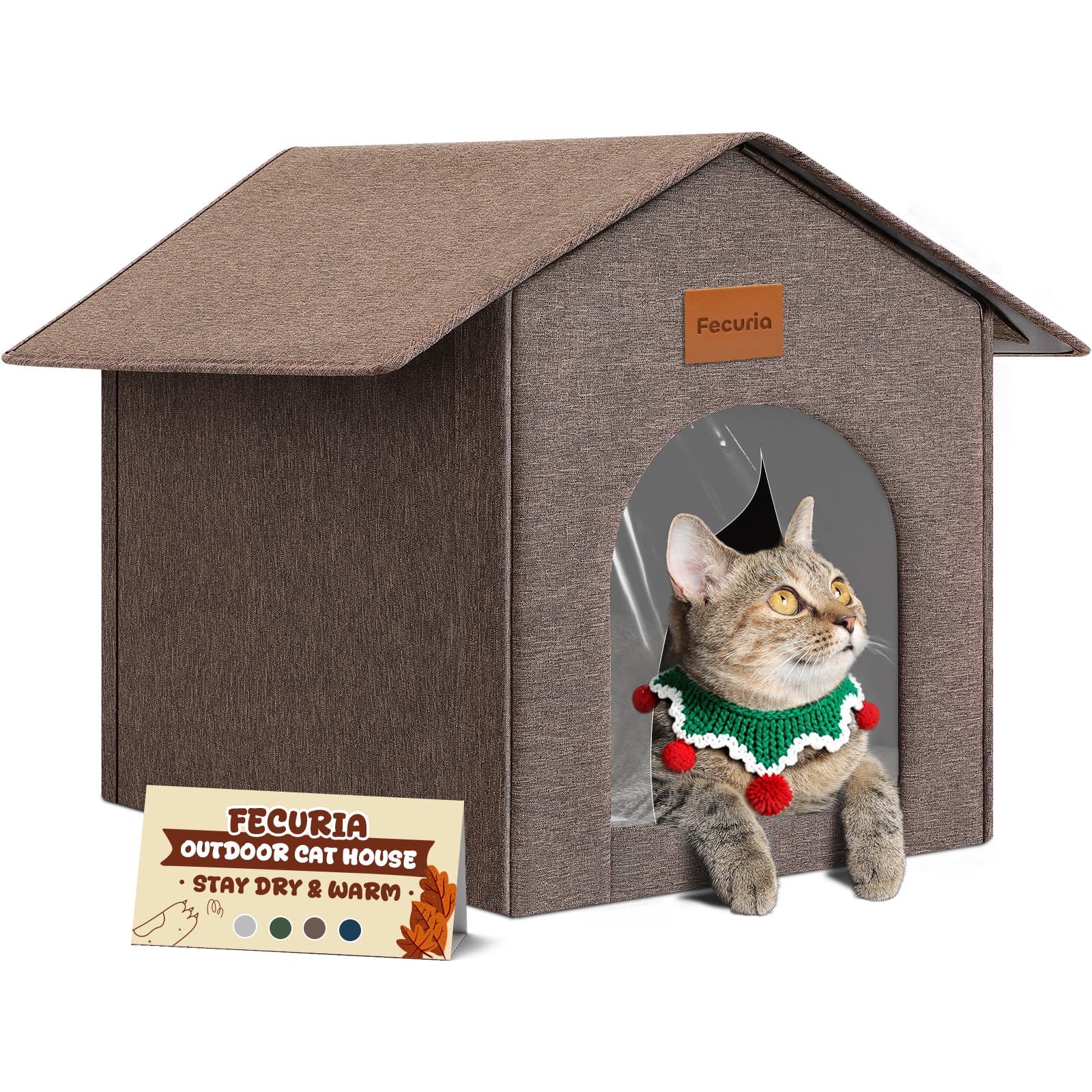 Fecuria Outdoor Cat House weatherproof fabric keeps cats dry and cozy.