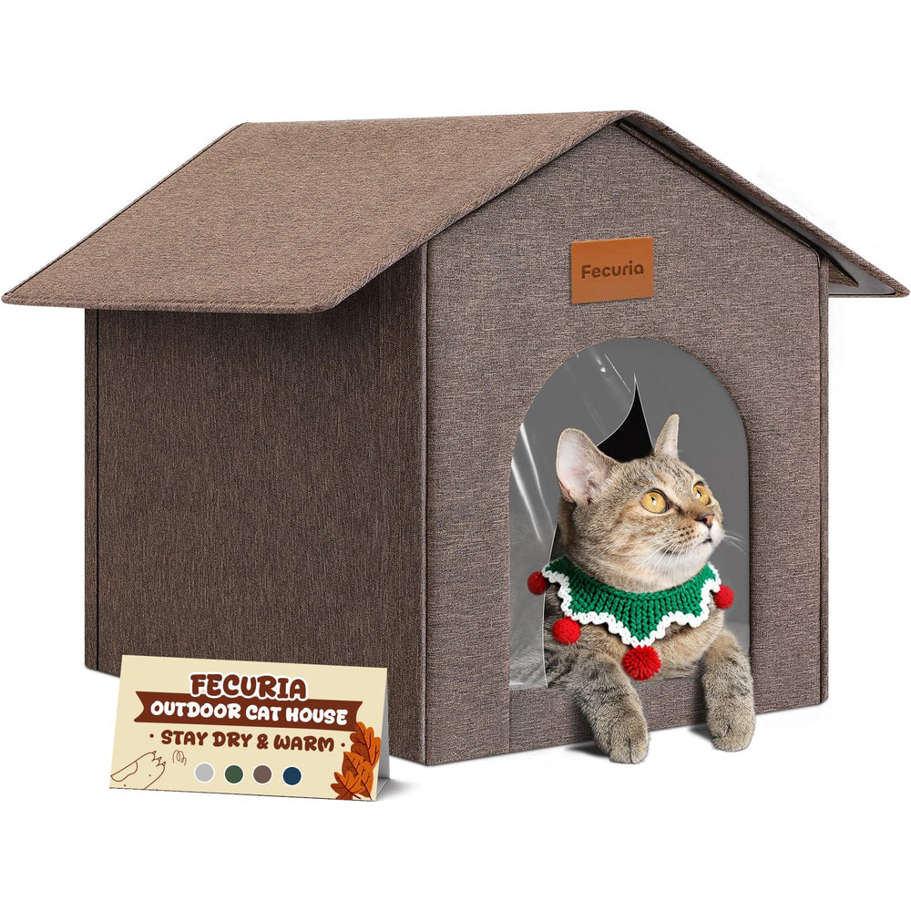Fecuria Outdoor Cat House weatherproof fabric keeps cats dry and cozy.