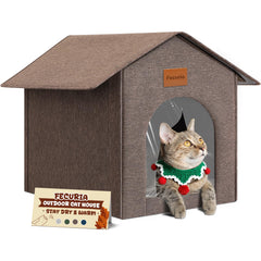 Fecuria Outdoor Cat House weatherproof fabric keeps cats dry and cozy.