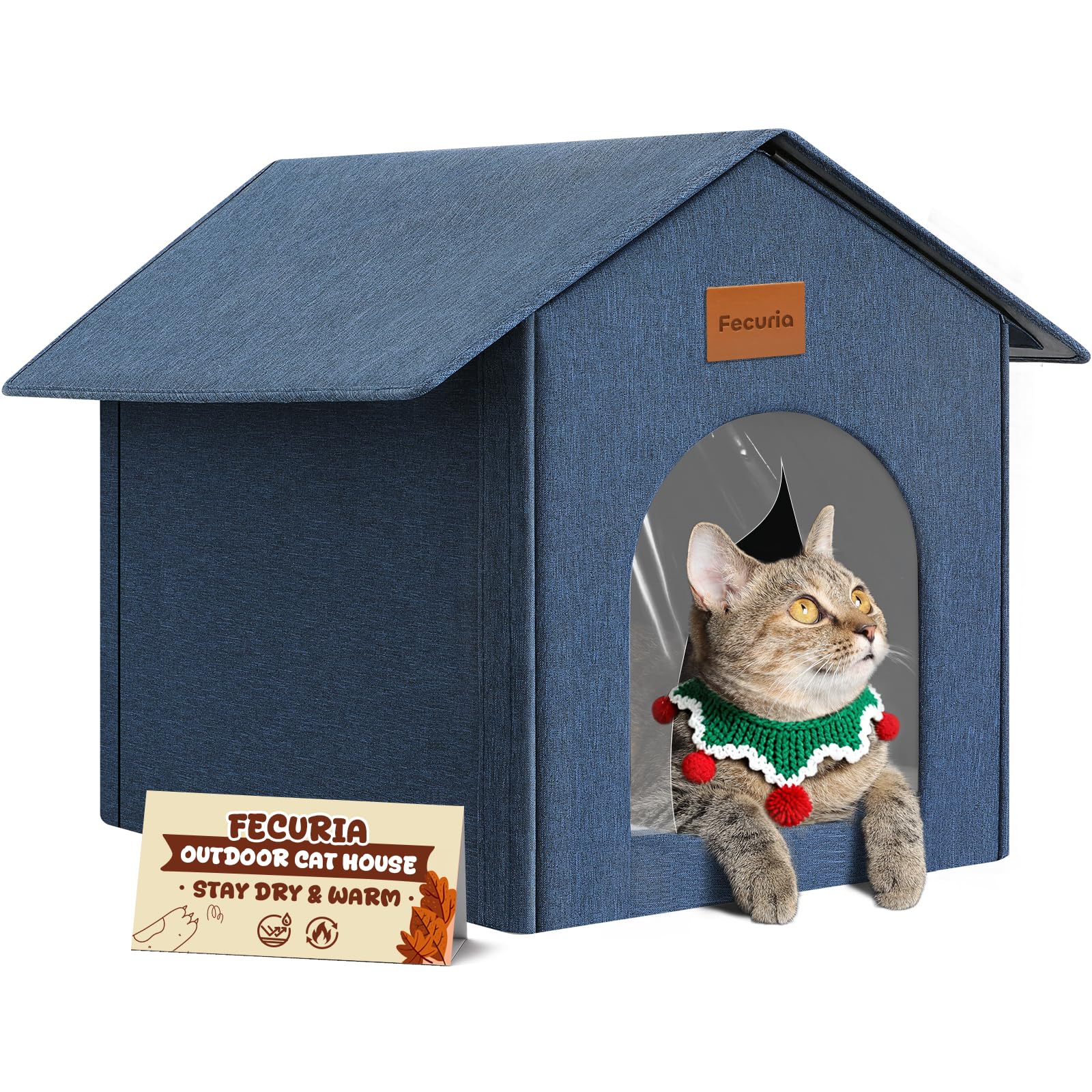 Fecuria outdoor cat house front view highlights year-round weatherproof shelter.