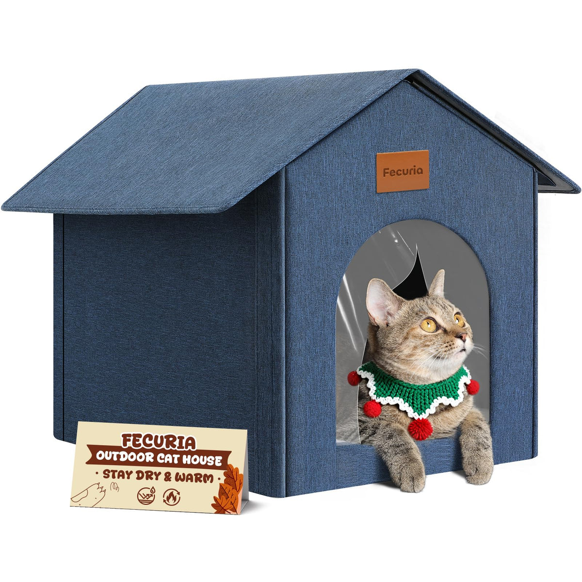 Fecuria outdoor cat house front view highlights year-round weatherproof shelter.