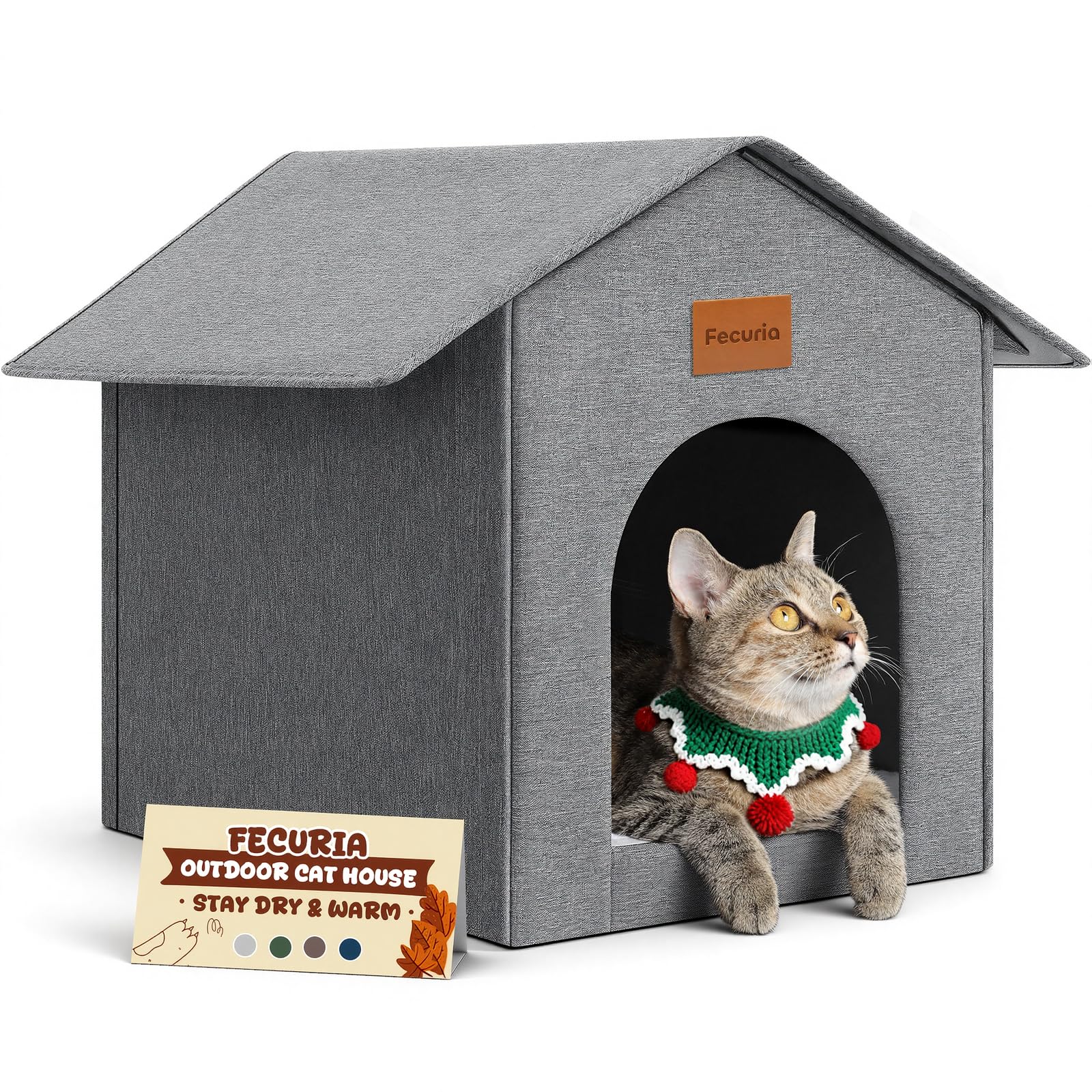 Fecuria Outdoor Cat House weatherproof keeps cats dry and cozy in rain and wind.
