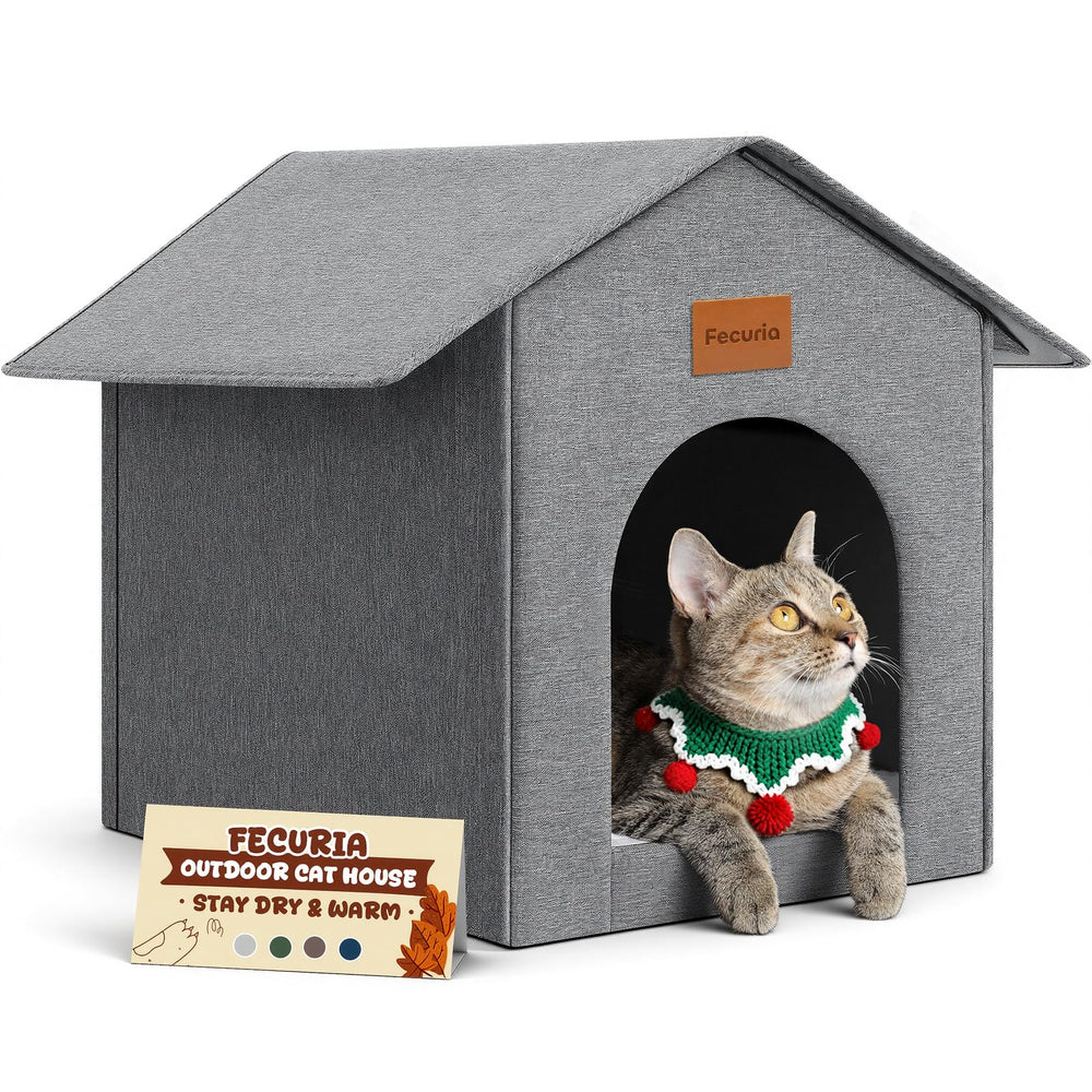 Fecuria Outdoor Cat House weatherproof keeps cats dry and cozy in rain and wind.