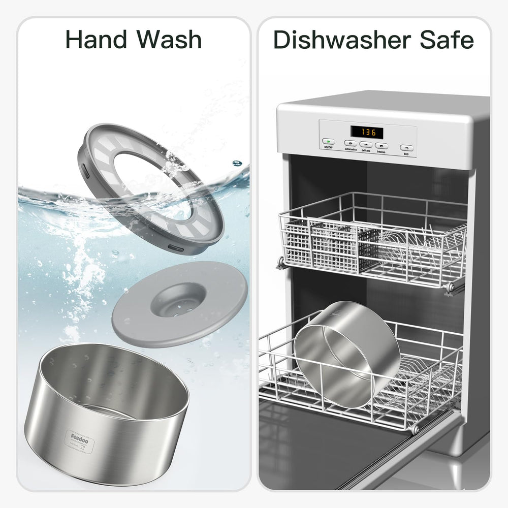 Feedoo hydration routine with lid and disk showing reduced splashes during pet meals