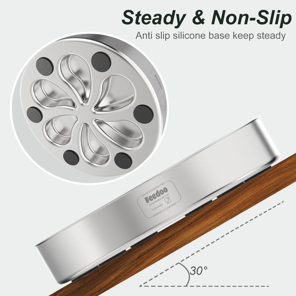 Feedoo easy-clean polished surface dog bowl resists dirt for quick wipe-down.