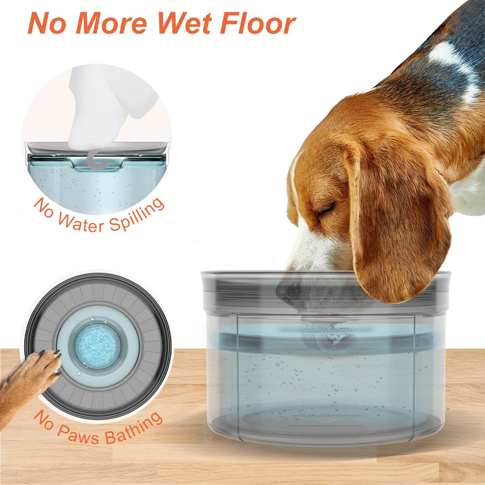 Feedoo No Spill Water Bowl shows floating disk controlling flow for slow drinking.