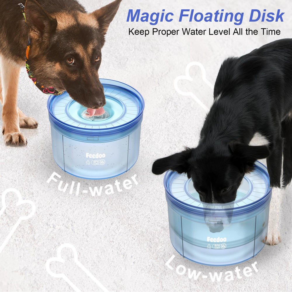 Feedoo Serenity Blue floating disk shows how it slows drinking and keeps water clean.