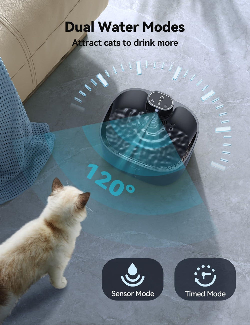 FEELNEEDY motion-sensor shows automatic water dispense as pets approach.