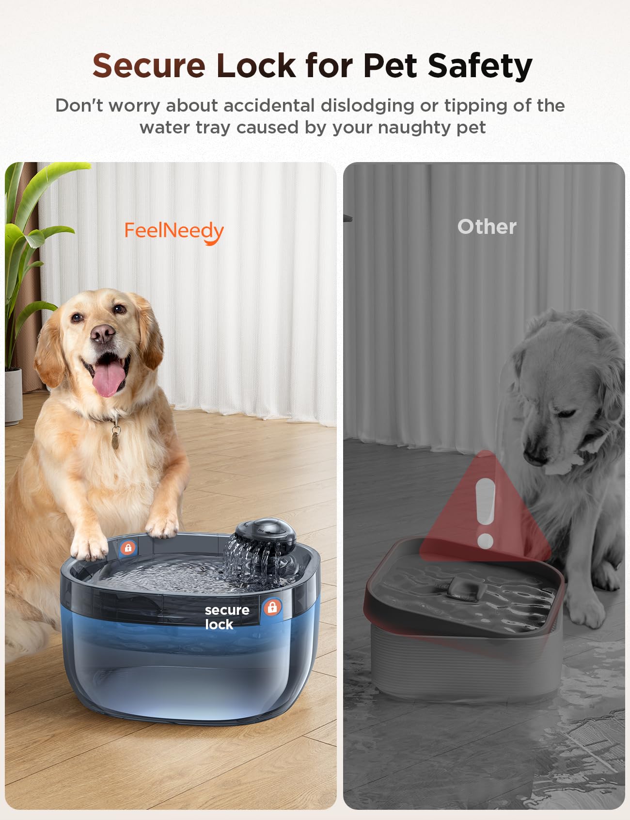 FEELNEEDY dual lock-up buttons secure the water tray against tipping.