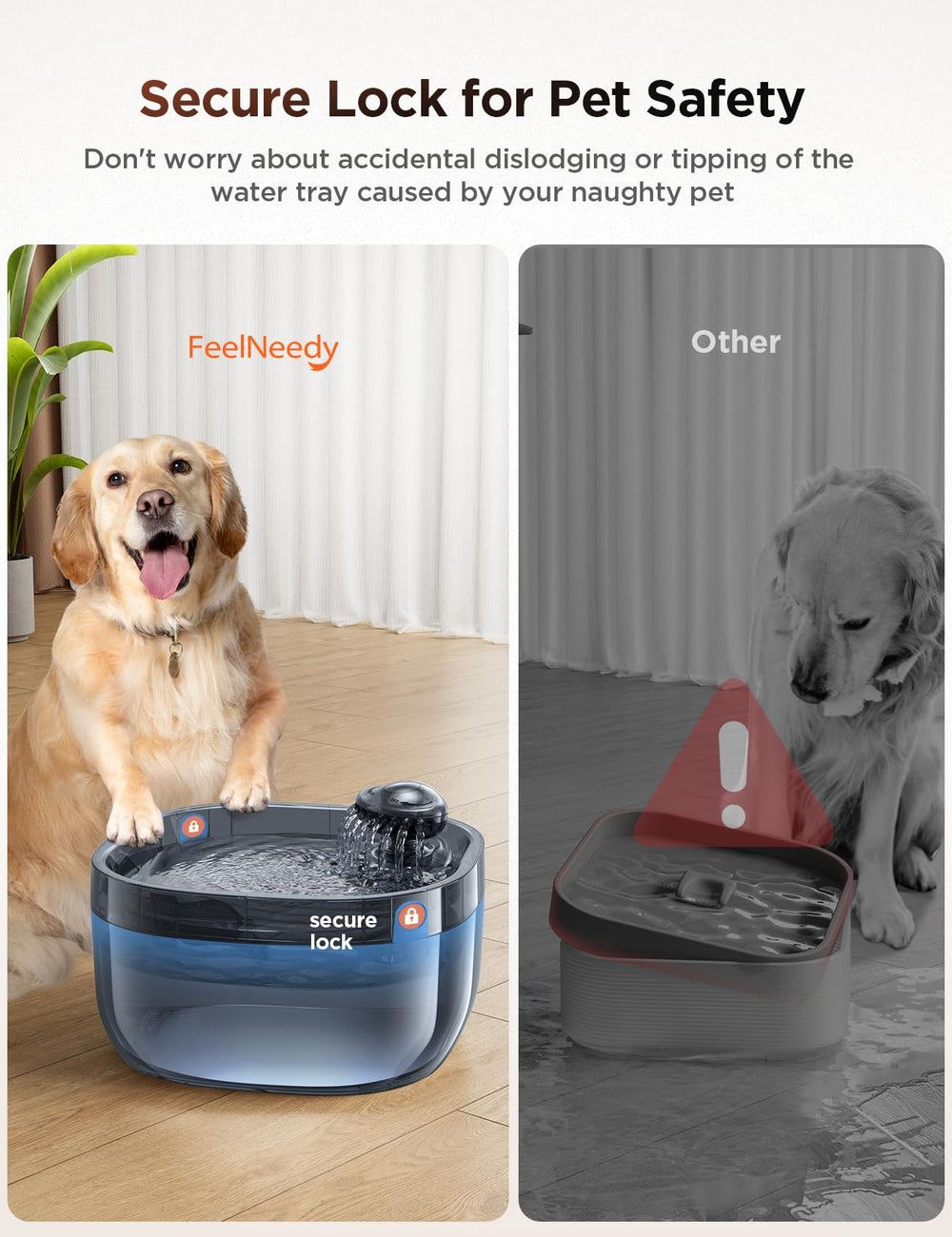 FEELNEEDY dual lock-up buttons secure the water tray against tipping.