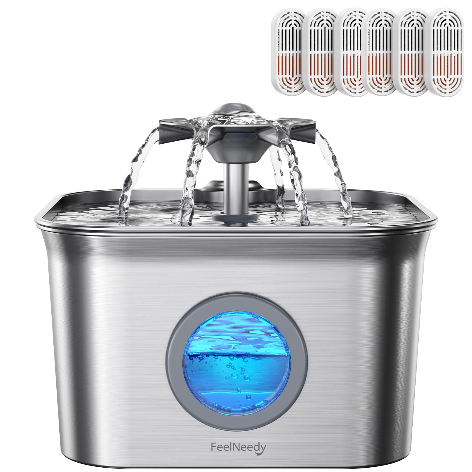 FEELNEEDY stainless-steel cat fountain with flowing water to boost hydration.