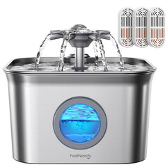 FEELNEEDY stainless steel cat water fountain front view, showcasing large 2.8L hydration capacity for pets.