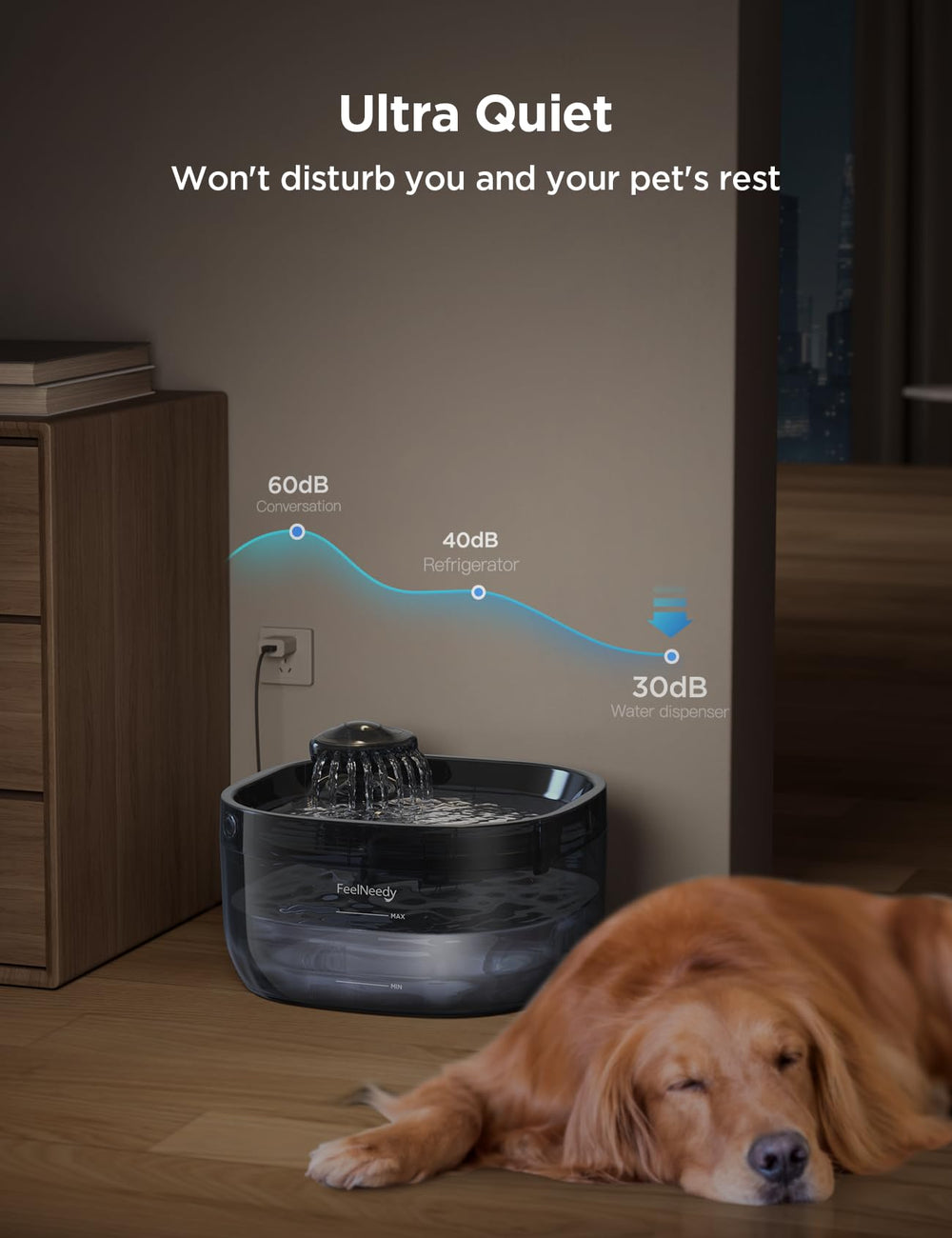 FEELNEEDY transparent basin shows water level for easy top-ups.