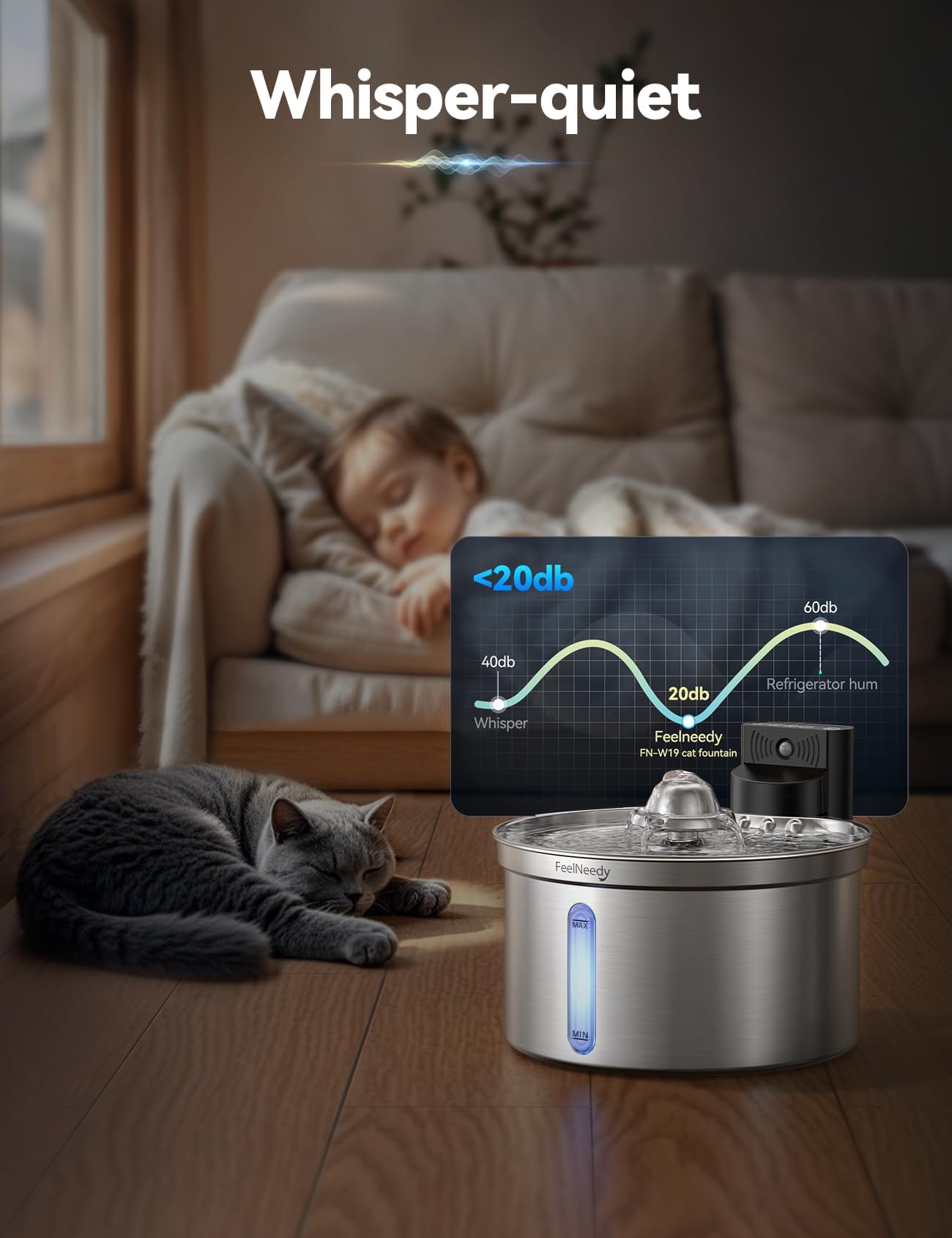 FEELNEEDY ultra-quiet pump keeps noise below whisper levels for peaceful hydration.