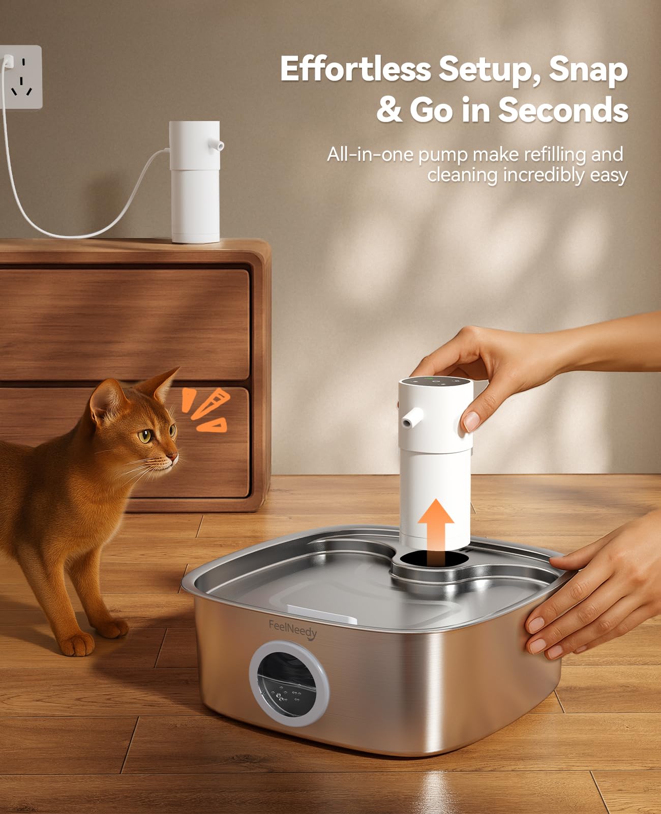 Feelneedy 304 stainless steel tank close-up emphasizing durable, easy-to-clean material