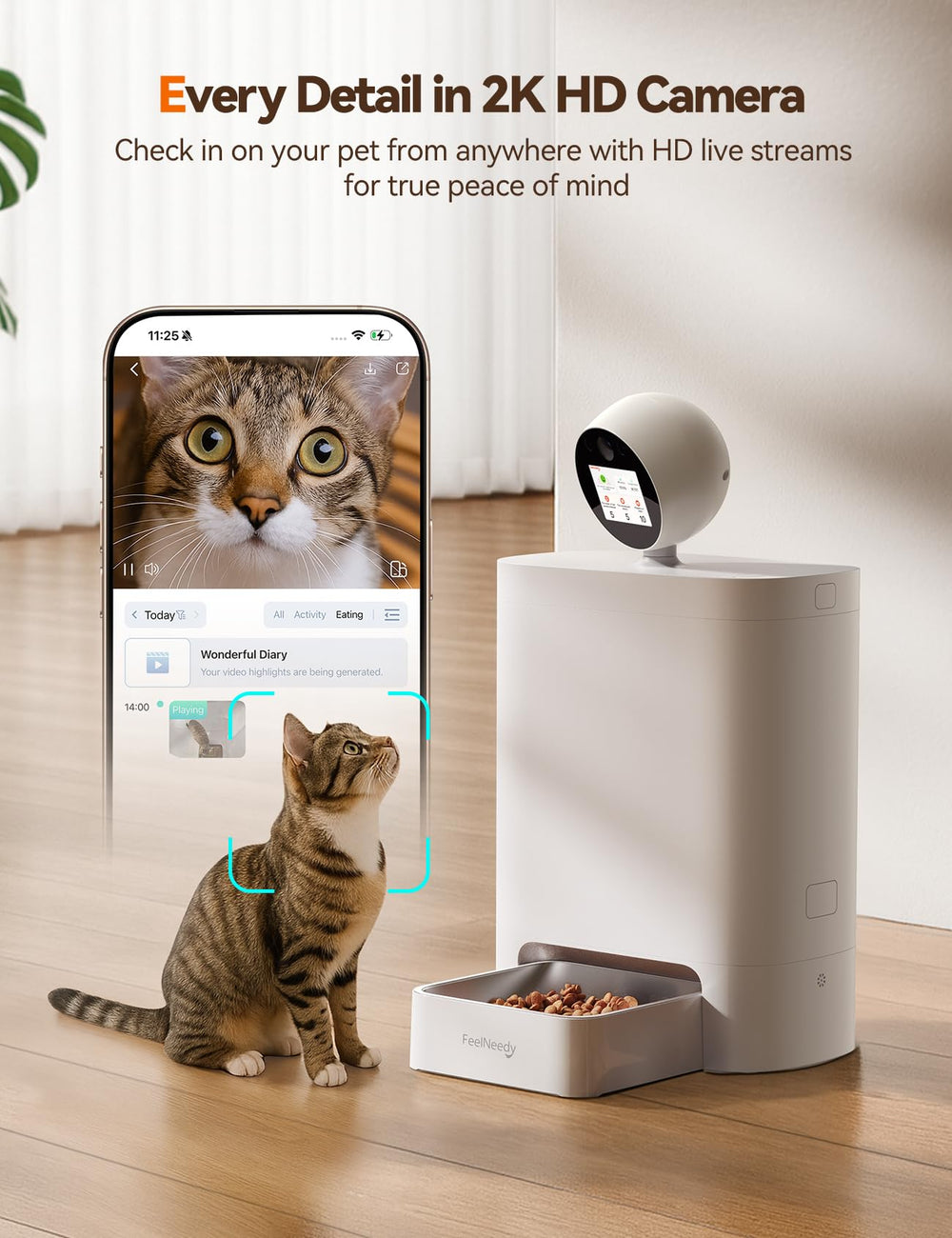 FEELNEEDY automatic cat feeder 2k-wide-angle captures activity during mealtime
