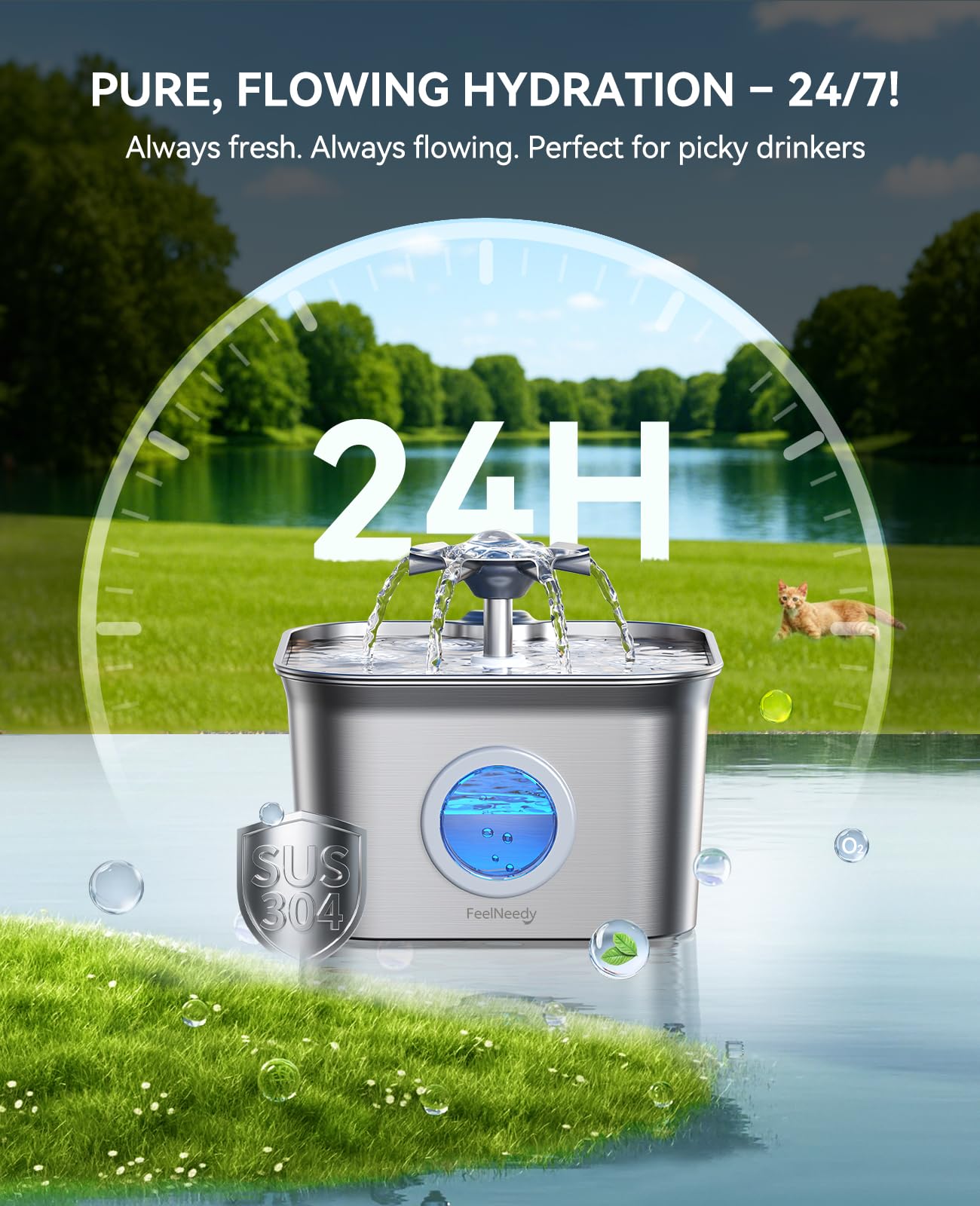 FeelNeedy cat water fountain 2-8L capacity highlights convenient refills and shared multi-cat use.