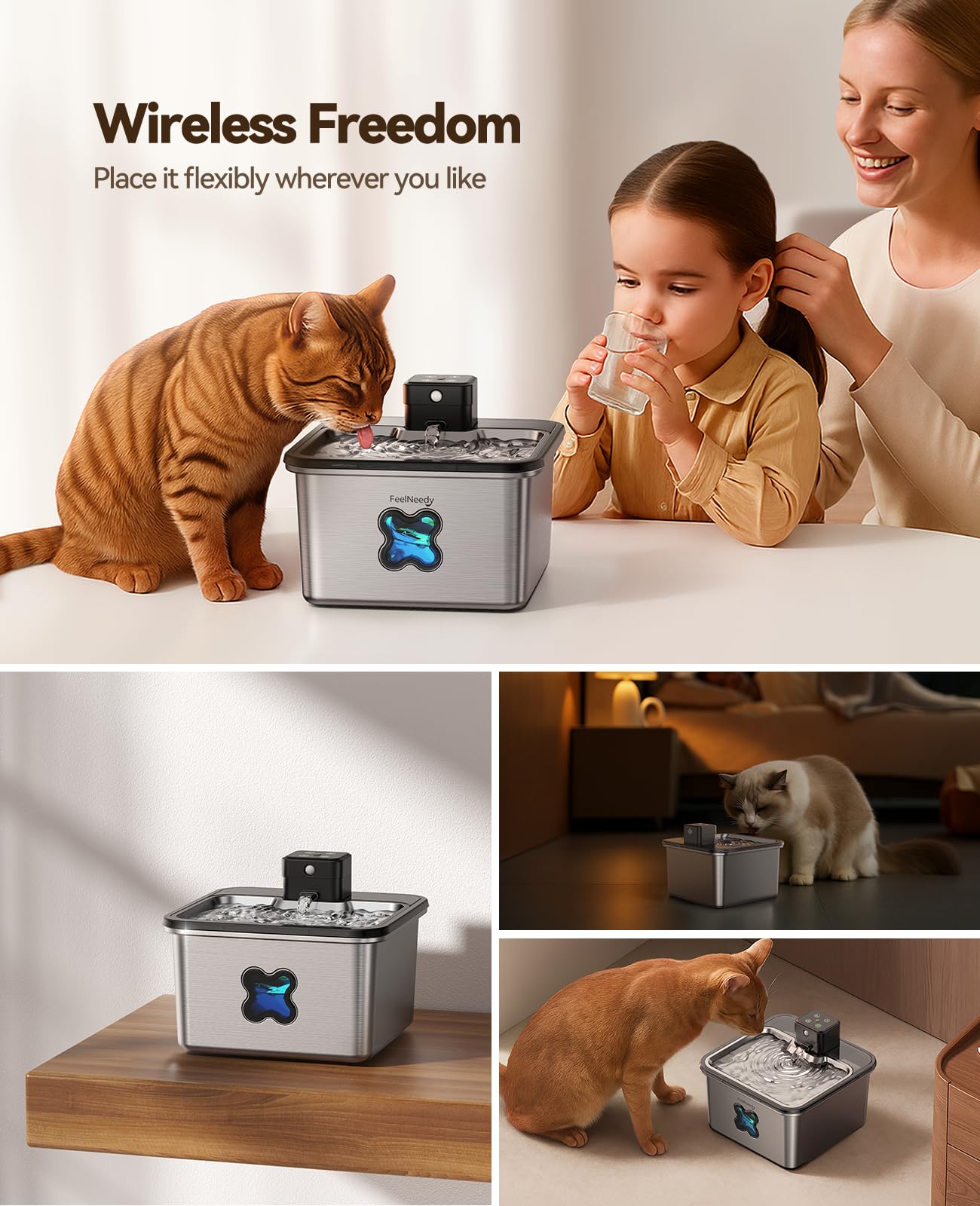 FEELNEEDY stainless-steel fountain body resists scratches and cleans easily