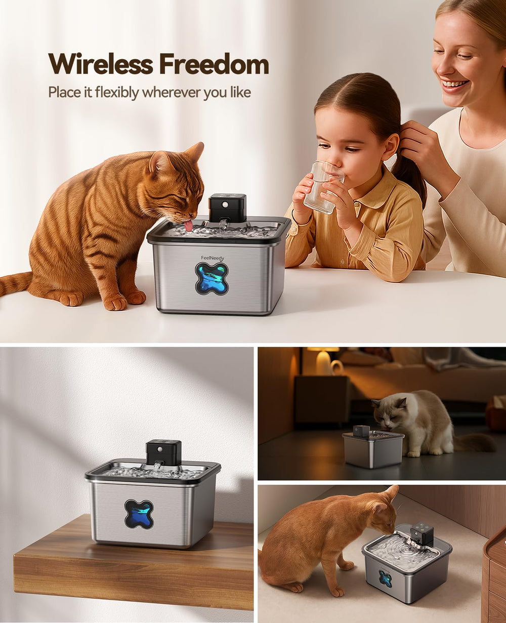 FEELNEEDY stainless-steel fountain body resists scratches and cleans easily