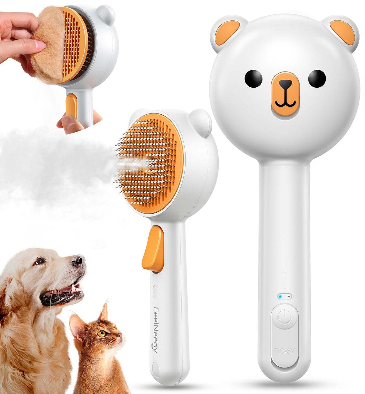 FEELNEEDY Pet Steam Brush en mano para grooming suave de perros y gatos