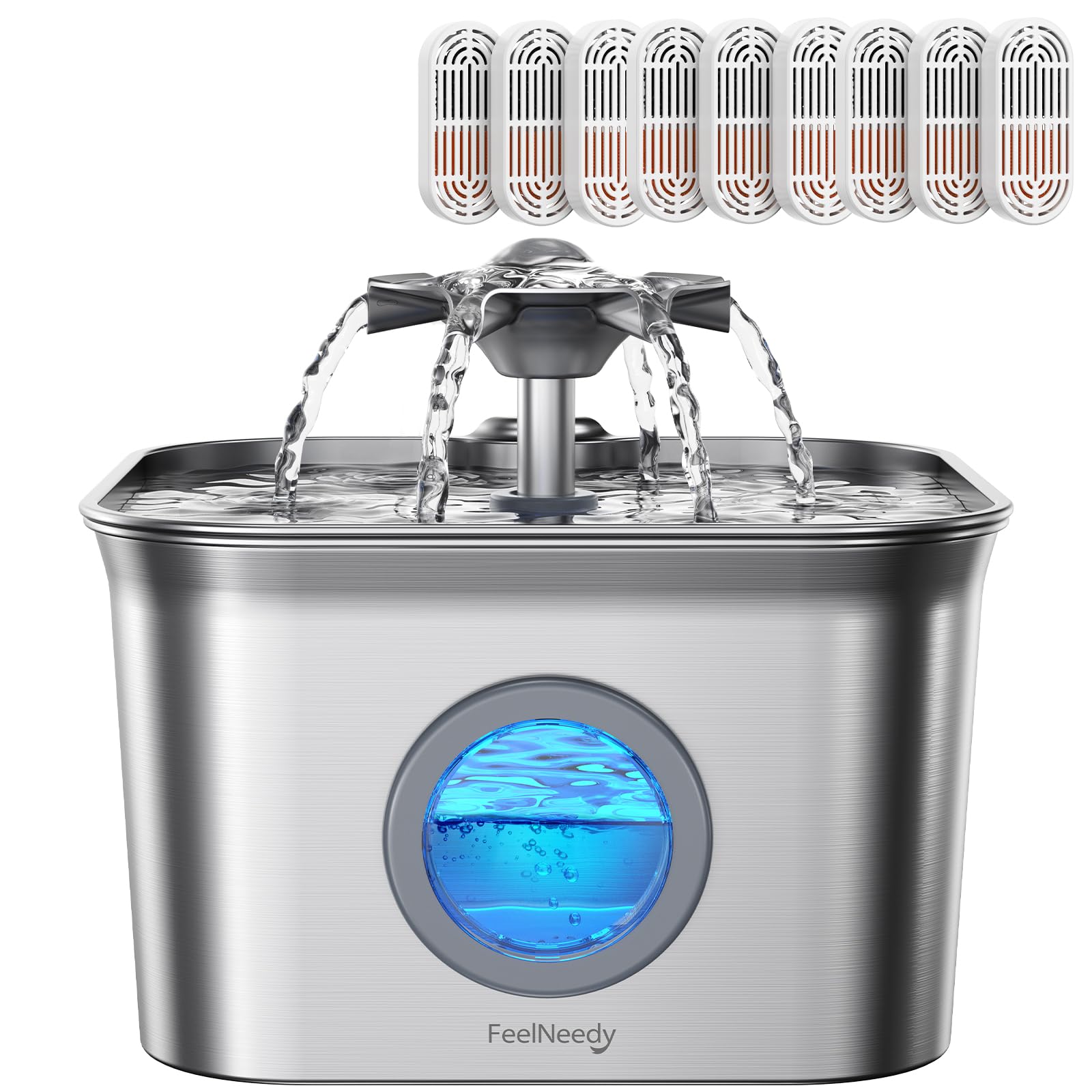 FeelNeedy stainless-steel cat water fountain hero demonstrates durable design for continuous hydration.