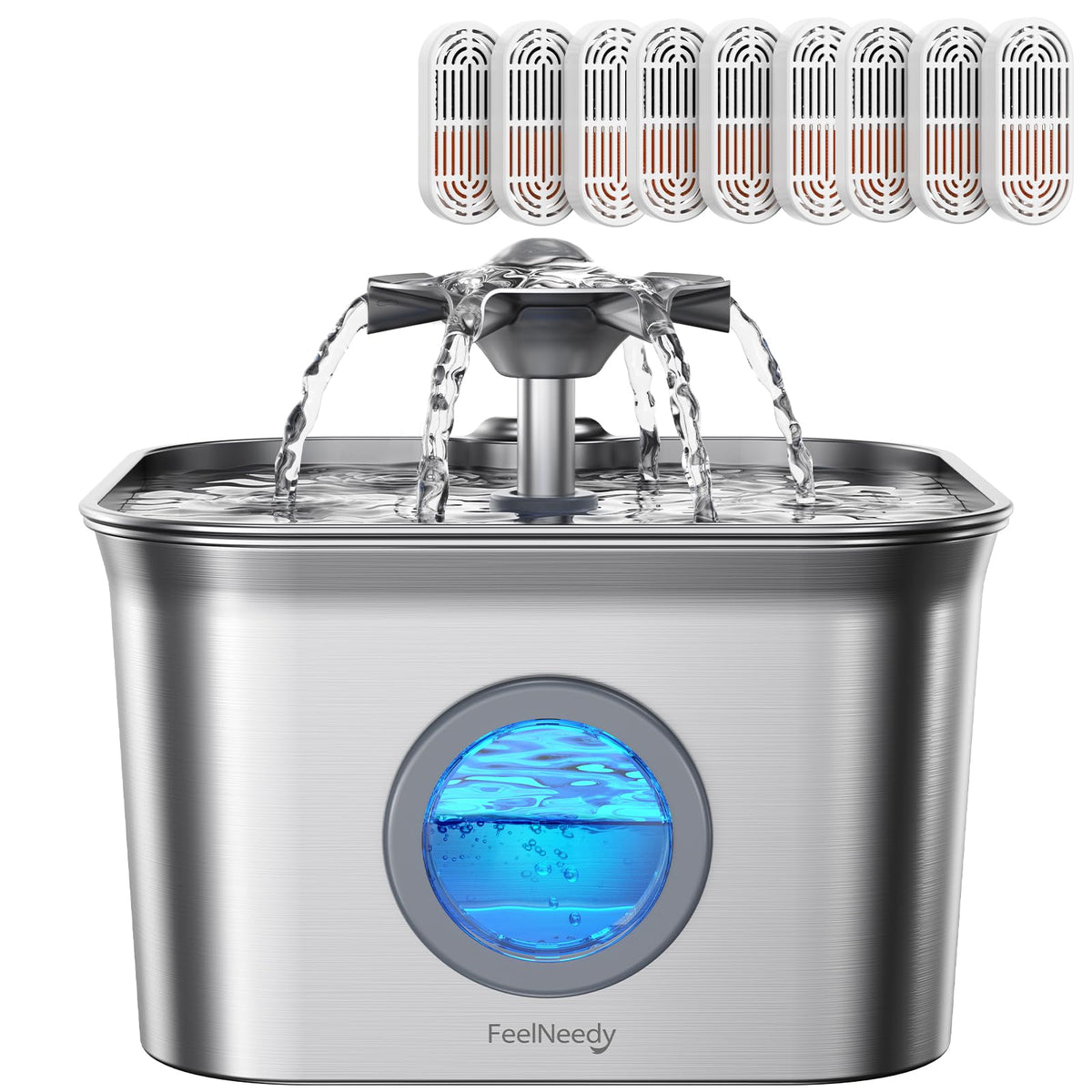 FeelNeedy stainless-steel cat water fountain hero demonstrates durable design for continuous hydration.